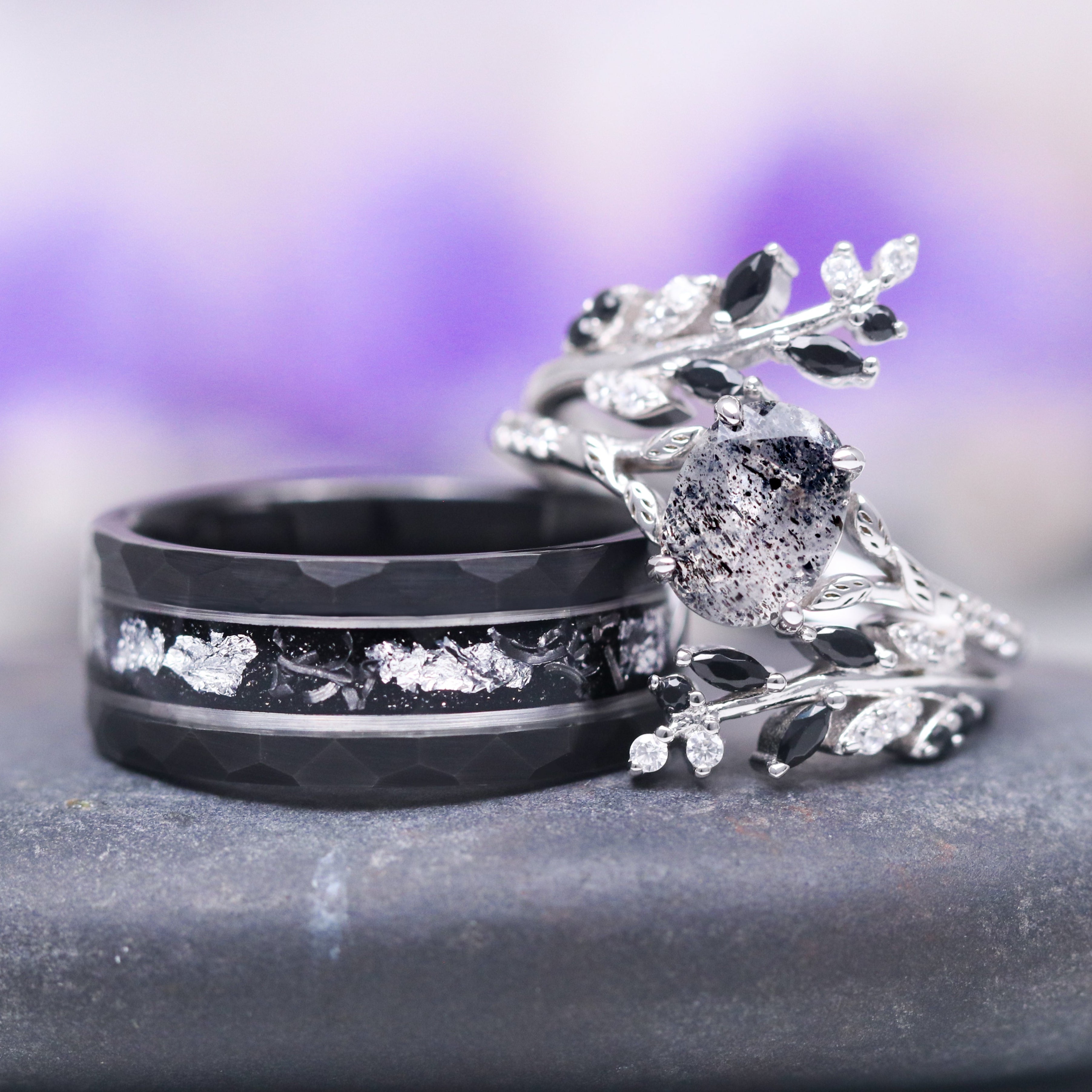 **Herkimer Diamond & Meteorite Couples Ring – Galaxy Salt & Pepper Wedding Band for Men & Women – Perfect for Anniversaries, Engagements & Unique Gifts**