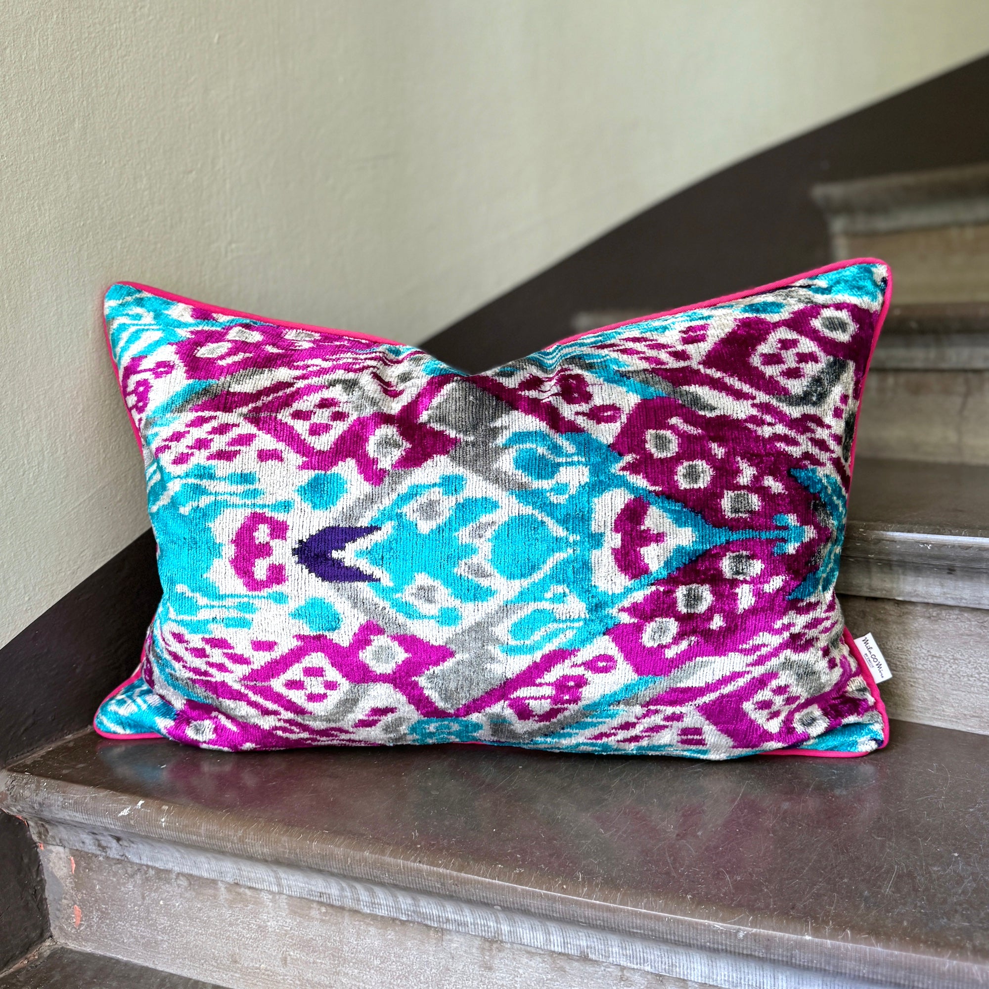 Luxury Velvet Ikat Cushion Pillow Cover - Glacier Blue Bohemian Home Decor for Sofa, Bed & Living Room - Soft Decorative Throw Pillow for Cozy Home Styling