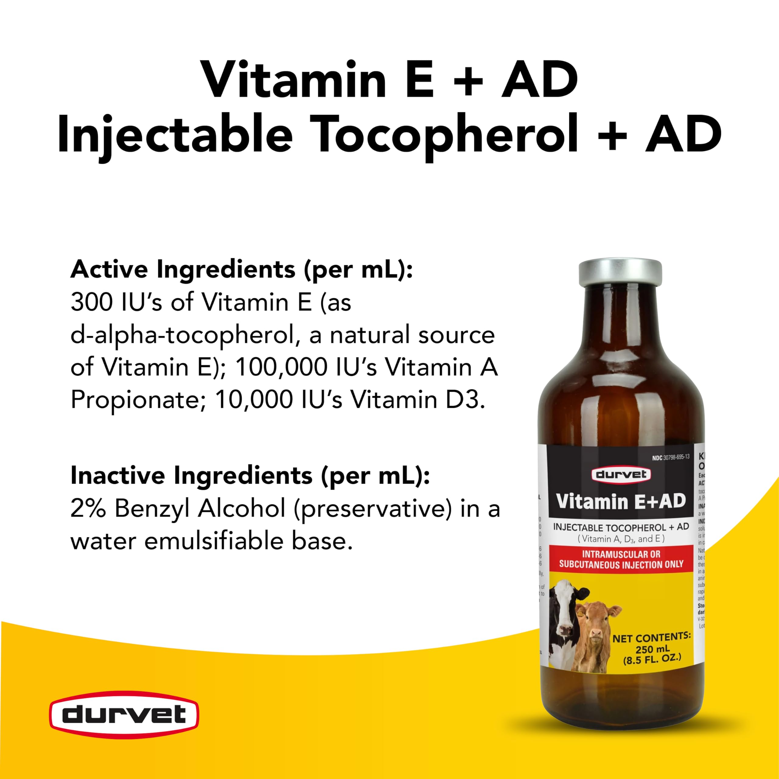 DURVET 090160 Vitamin E + Ad Yellow Supplement for Horses - 250ml | Supports Immune System & Muscle Function | Ideal for Performance Horses & Equine Care