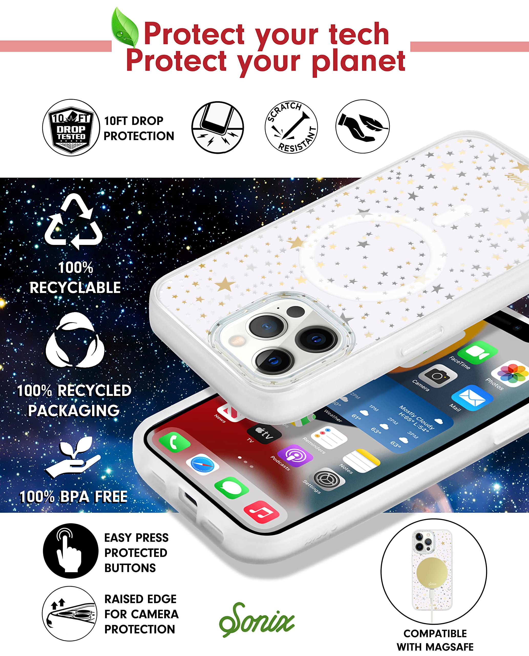Sonix iPhone 13 Pro Max / 12 Pro Max Phone Case with MagSafe Compatibility | 10ft Drop Protection | Clear Starry Night Design with Gold & Silver Stars | Perfect for Everyday Use, Night Out & Gift Giving