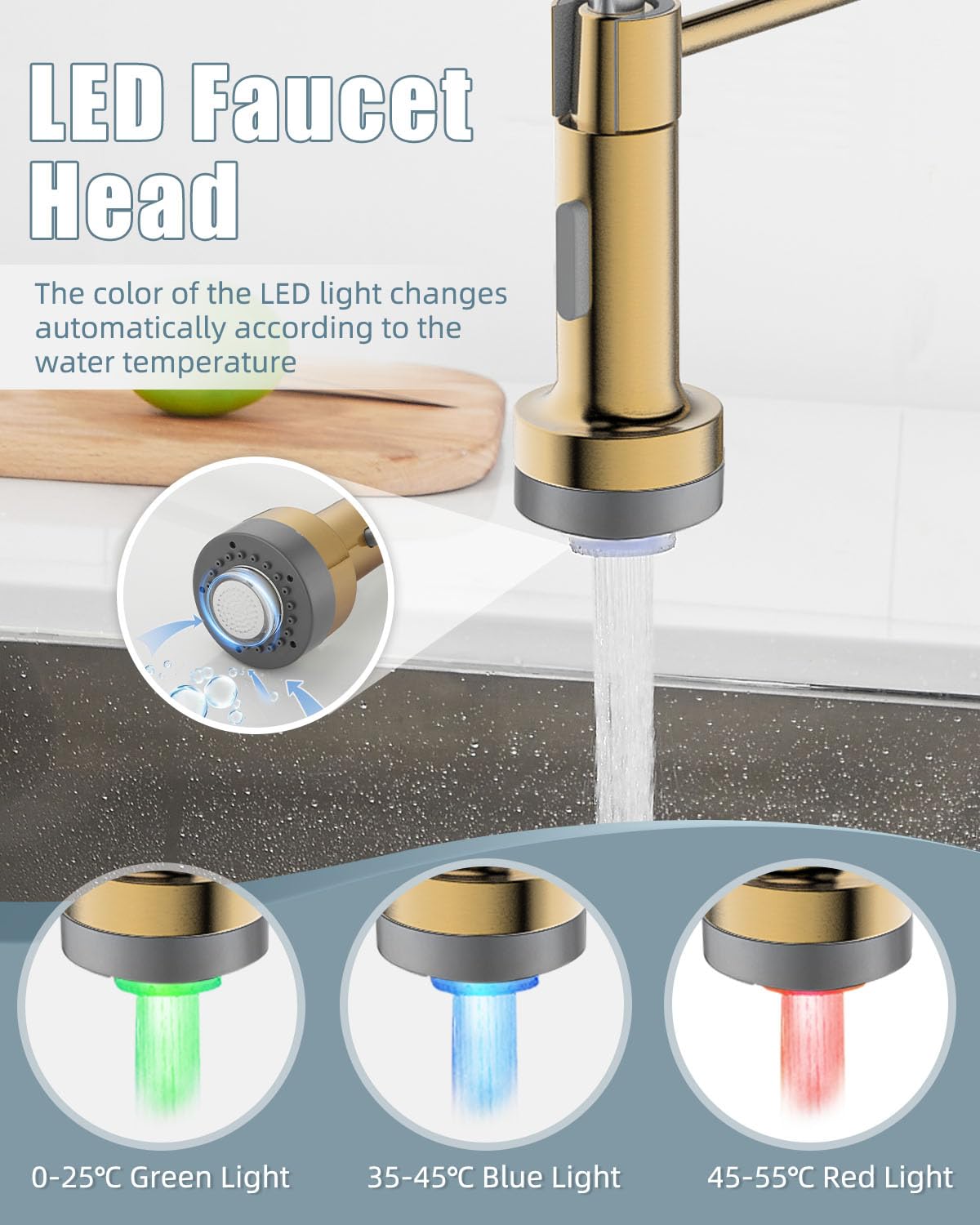 Brushed Gold LED Kitchen Faucet with Pull Down Sprayer, Soap Dispenser & Deck Plate - Single Handle Modern Faucet for RV, Camper, Farmhouse & Residential Kitchen Sinks | Perfect for Cooking, Washing Dishes & Food Prep