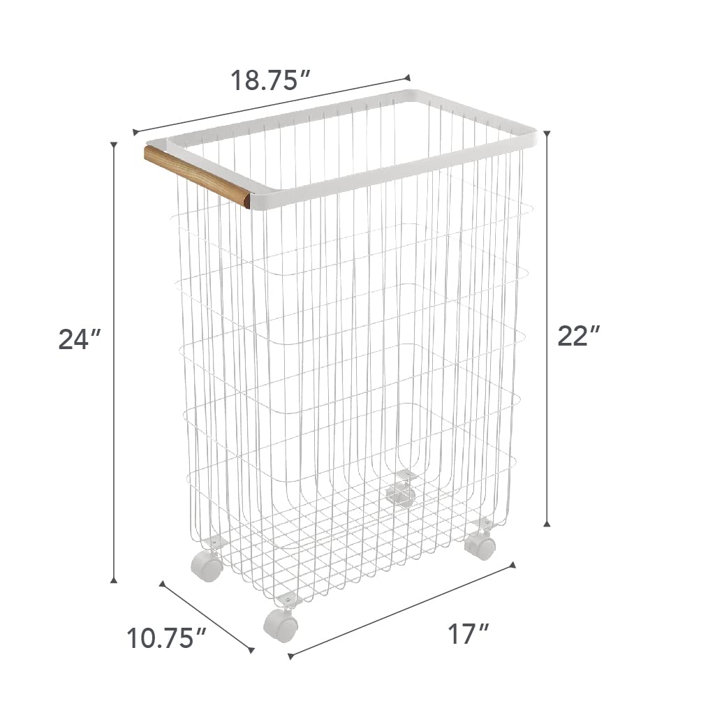 Yamazaki Home Slim Space-Saving Rolling Wire Laundry Hamper with Steel Frame & Wood Accents - White | Compact Clothes Basket for Bedroom, Closet, or Dorm Organization
