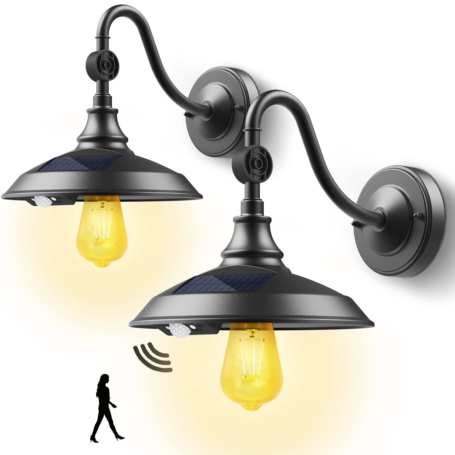 SIEDiNLAR Solar Powered Outdoor Barn Light - 3 Mode Vintage Farmhouse Gooseneck Wall Light with Motion Sensor, Waterproof Aluminum for Shed, Garage, Porch, Chicken Coop (Black, 2 Pack) - Perfect for Country Homes, Rustic Decks & Backyard Security Lighting
