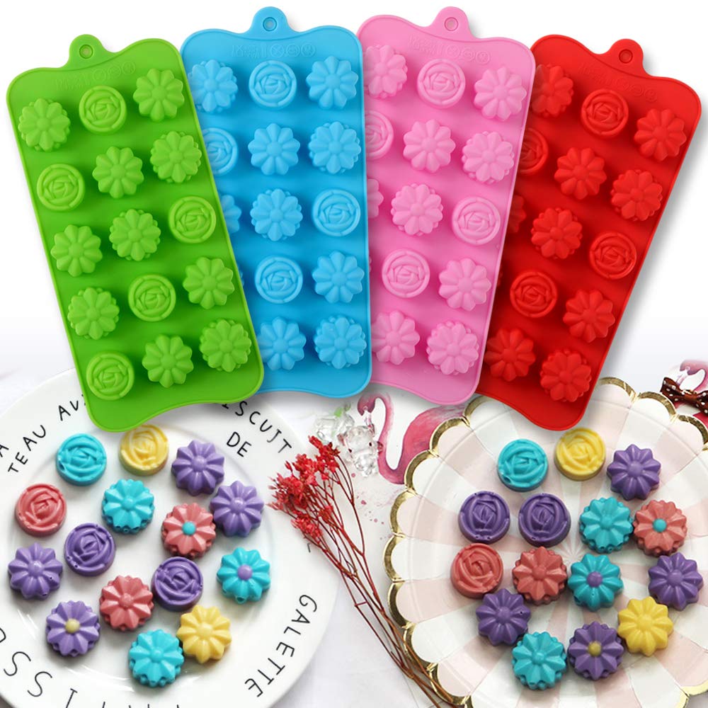 Premium 4-Pack Flower Shaped Silicone Molds - 15 Cavity Non-Stick Food Grade Baking Molds for Chocolate, Candy, Ice Cubes, Jelly, Soap & Bath Bombs - Perfect for DIY Crafts, Home Baking & Party Decorations