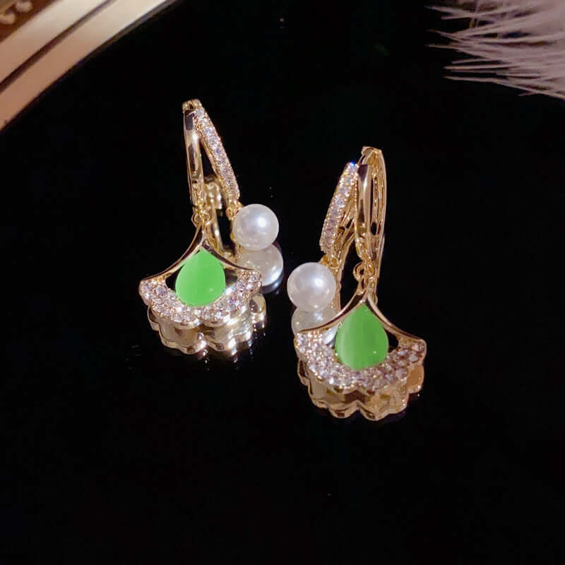 14K Gold Plated Ginkgo Leaf Huggie Earrings with Dangle Pearl Drop | Elegant Pearl Earrings for Women | Perfect for Weddings, Parties & Everyday Wear | A8078