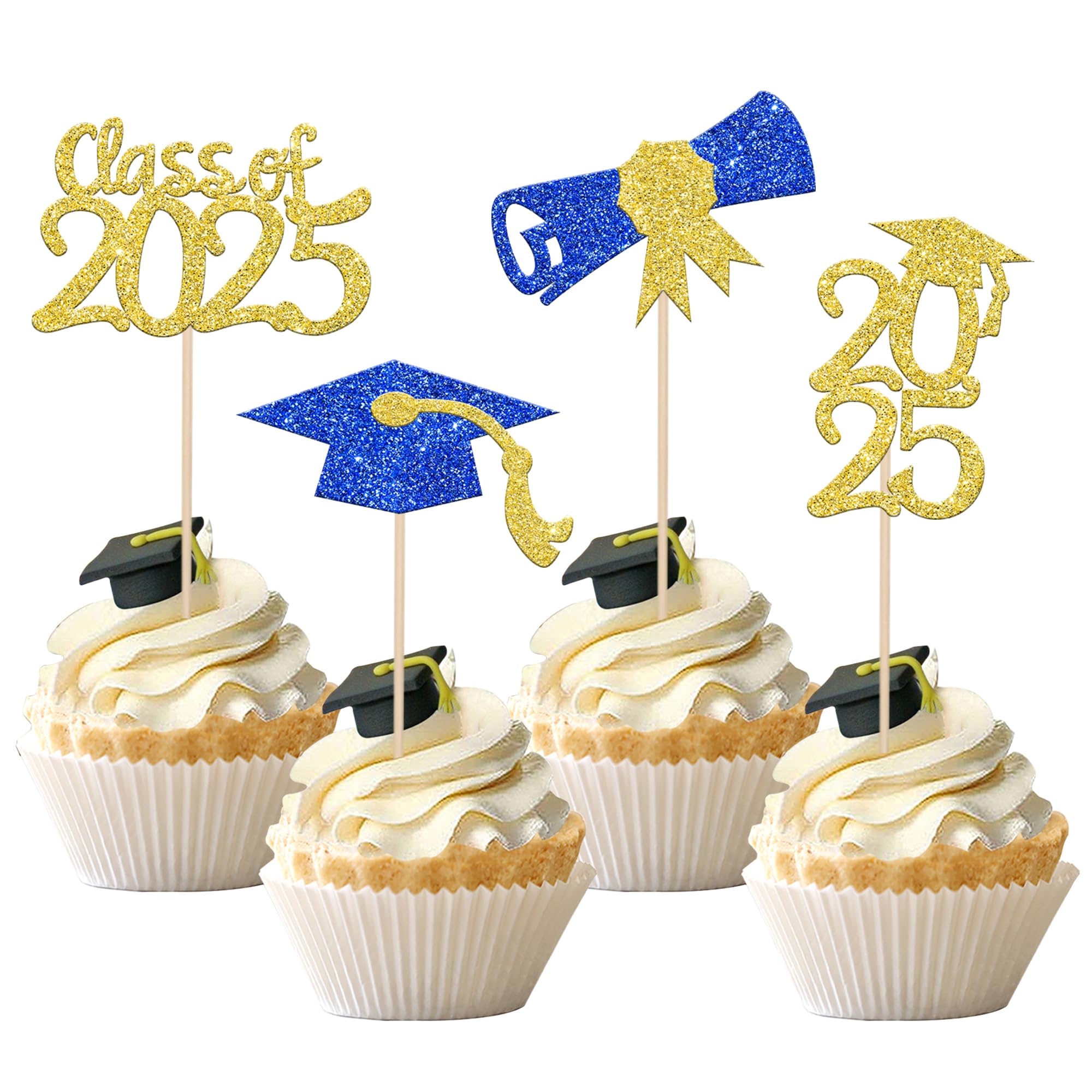 36 PCS Class of 2025 Graduation Cupcake Toppers - Glitter Cap & Diploma Cake Decorations for 2025 Graduation Party Supplies (Blue & Gold) - Perfect for Graduation Ceremonies, School Parties & Celebration Cakes