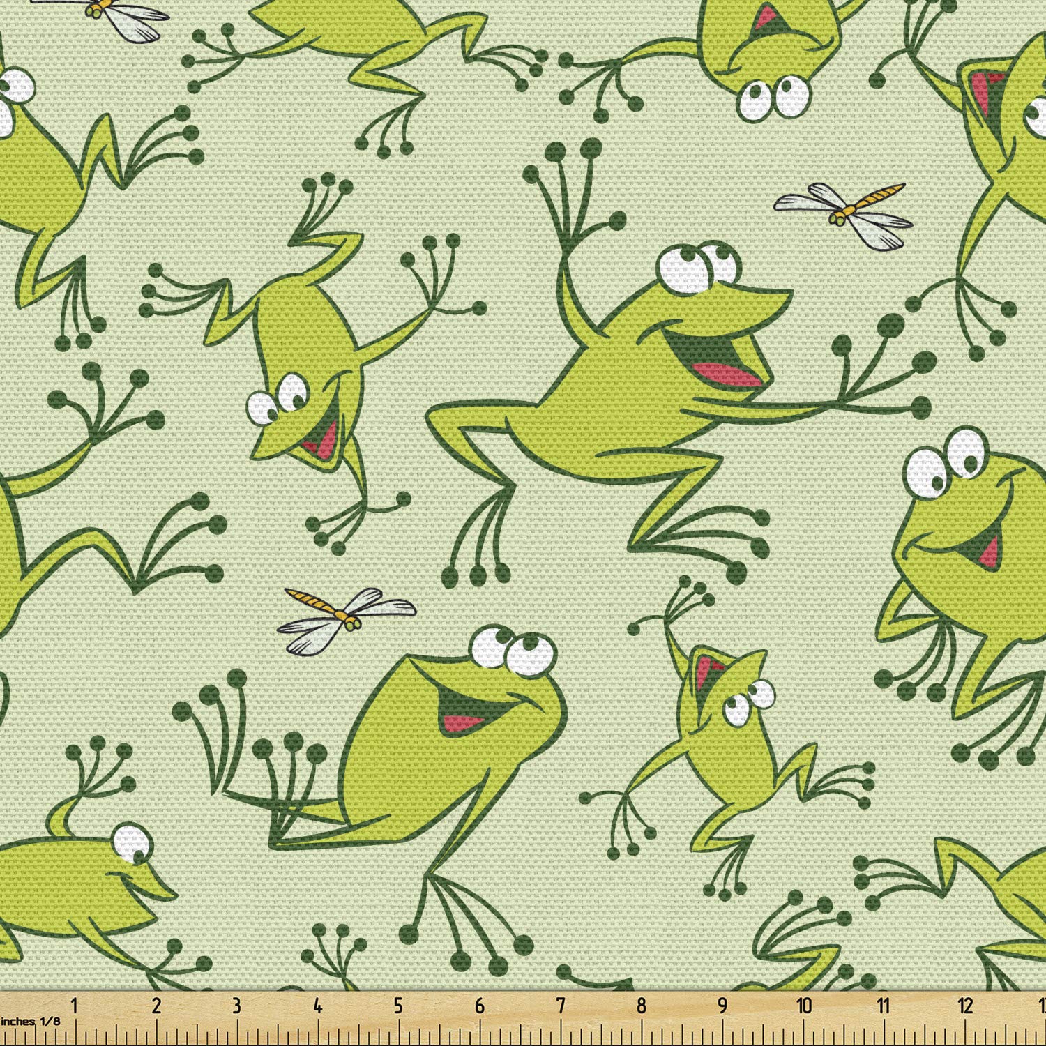 Ambesonne Cartoon Fabric by The Yard - Whimsical Dragonflies & Frogs Print, Funny Repeating Pattern for Upholstery & Home Decor, 10 Yards, Pale Green Apple Green - Perfect for DIY Projects, Kids Room Decor & Nursery Accents