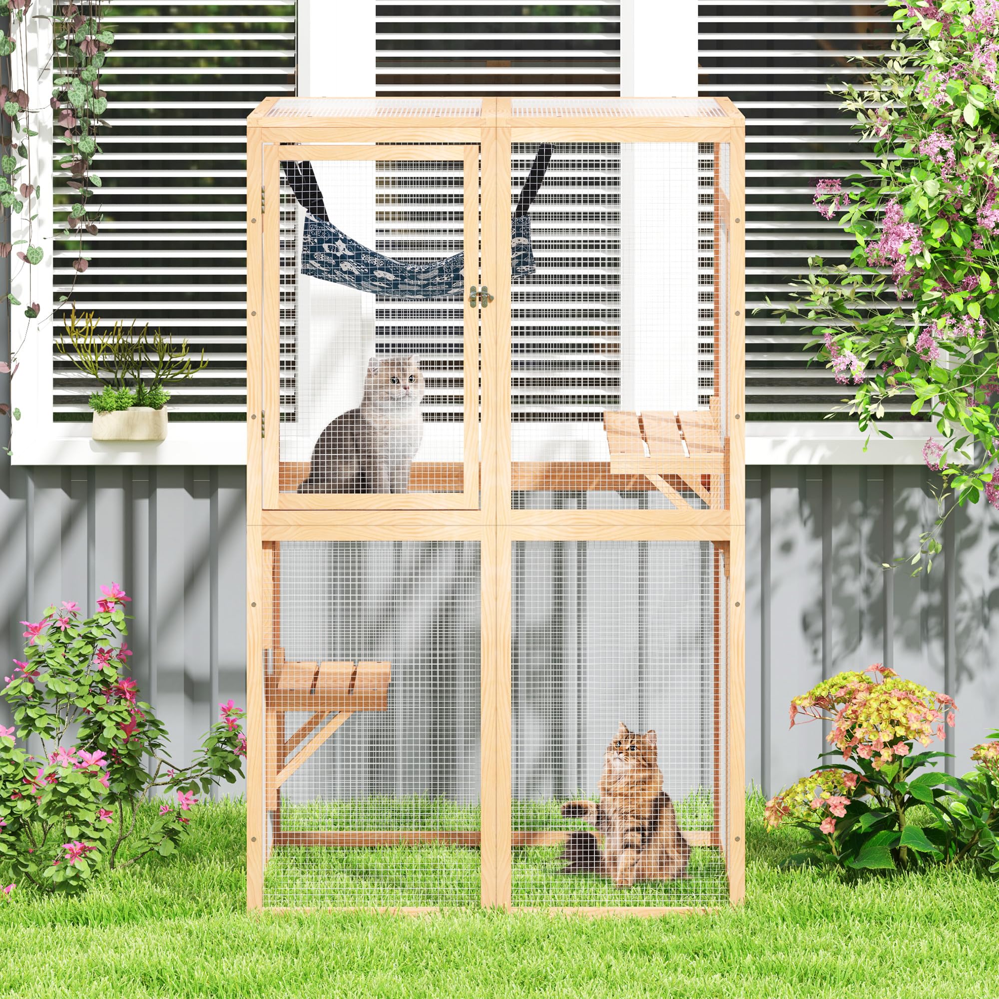 Premium Wooden Catio Outdoor Cat Enclosure with Window Access - Safe Patio Playhouse for Indoor Cats | Perfect for Backyards, Balconies & Garden Spaces