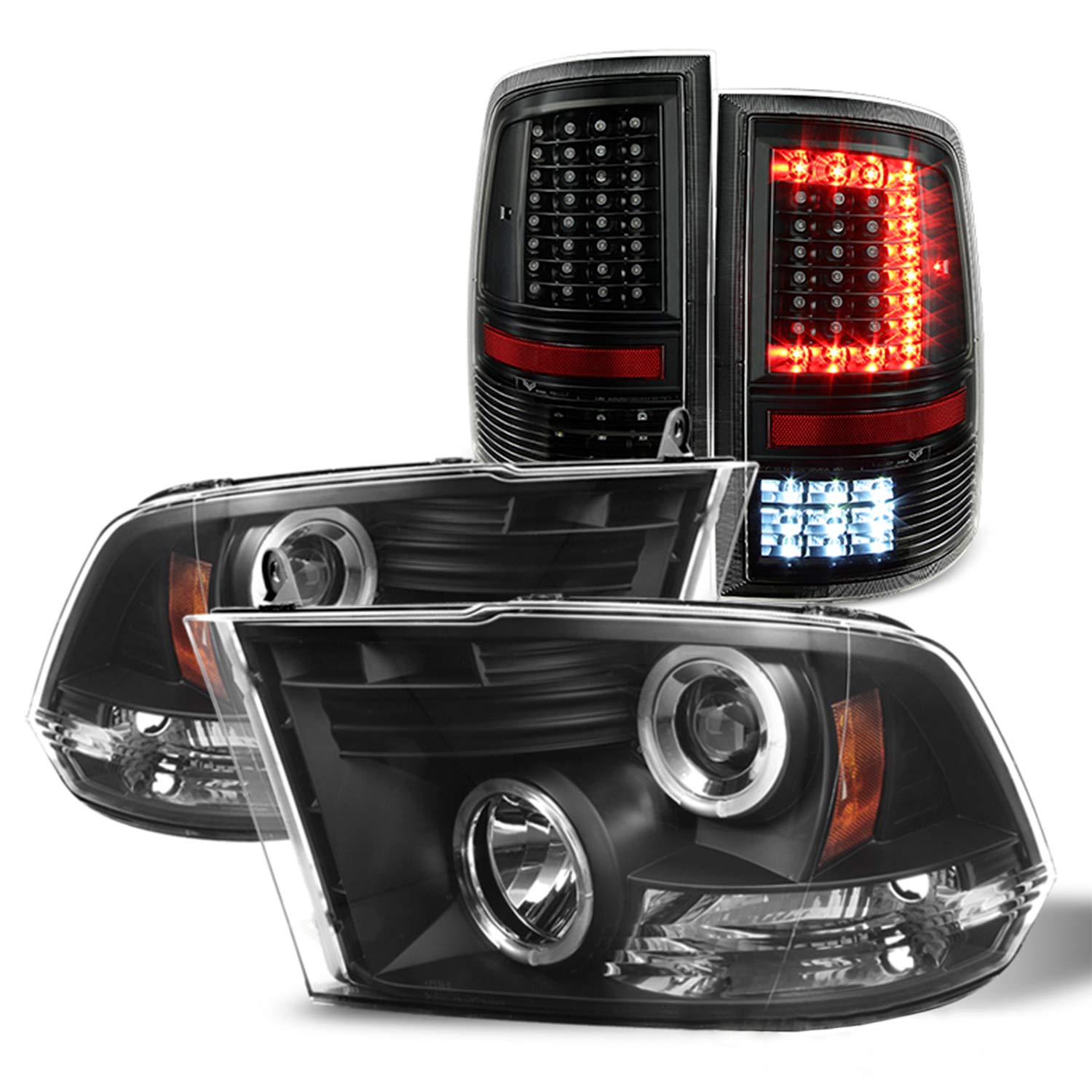 AKKON Dodge Ram LED Headlights & Tail Lights 2009-2018 - Black for Night Driving