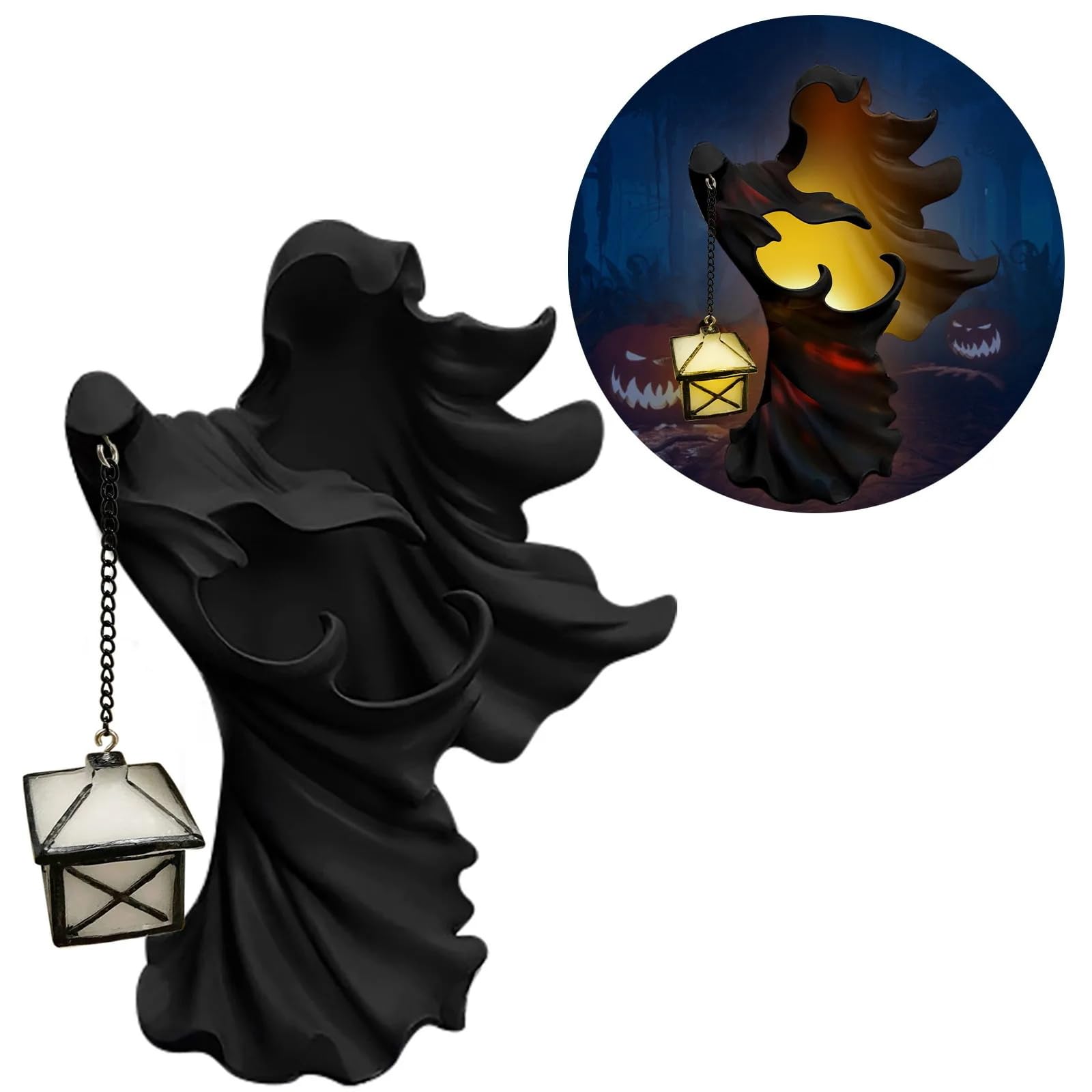 Halloween Cracker Barrel Ghost Decor with LED Lantern - Scary Witch Statue for Holiday Yard & Garden Decoration (Knight Black) - Perfect for Spooky Home Decor, Haunted House Parties, and Halloween Outdoor Displays