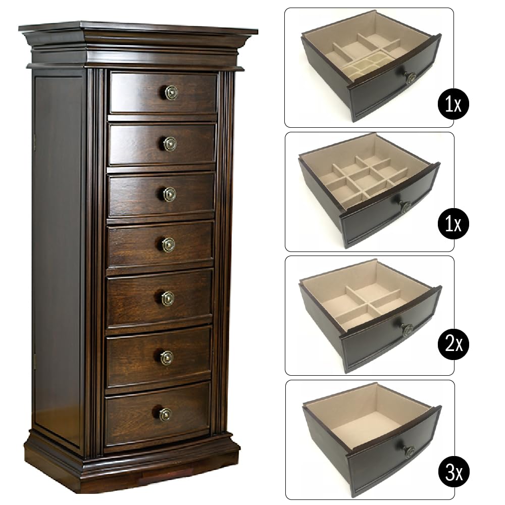 Hives & Honey Walnut Jewelry Armoire Cabinet with Mirror - 7 Drawers, 2 Side Doors for Necklace, Earring, Bracelet Storage - Perfect for Bedroom, Closet & Dressing Room Organization