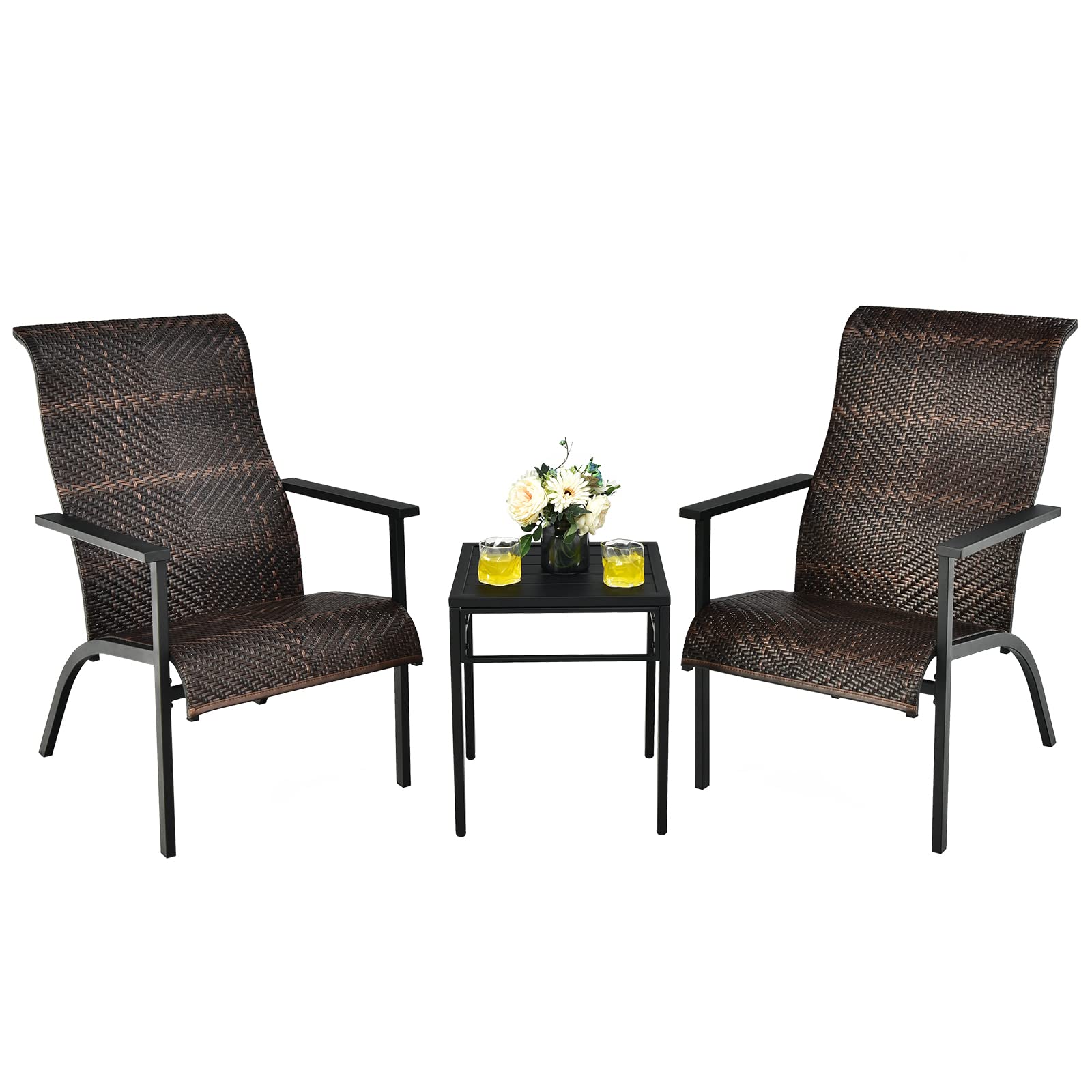 Tangkula 3-Piece Outdoor Bistro Set - PE Wicker Chairs & Coffee Table, Rust-Resistant Steel Frame, High Back Support - Perfect for Patio, Garden, Poolside, Deck or Backyard (Mix Brown) | Outdoor Dining & Relaxation Furniture