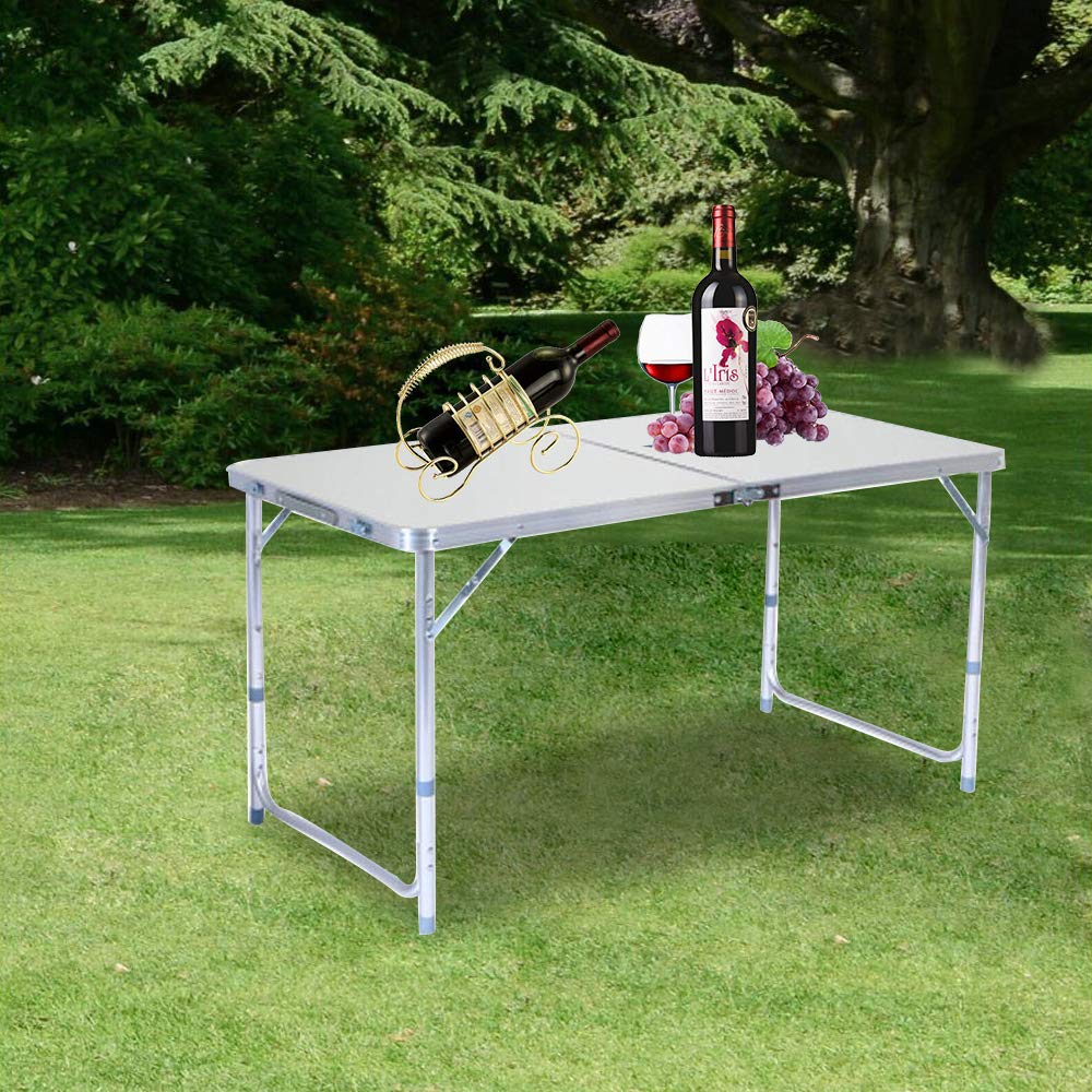 U-Kiss 4ft Aluminum Folding Picnic Table - Adjustable Height, Portable & Lightweight with Carry Handle - Perfect for Indoor/Outdoor, Camping, BBQ, Beach & Tailgating Parties