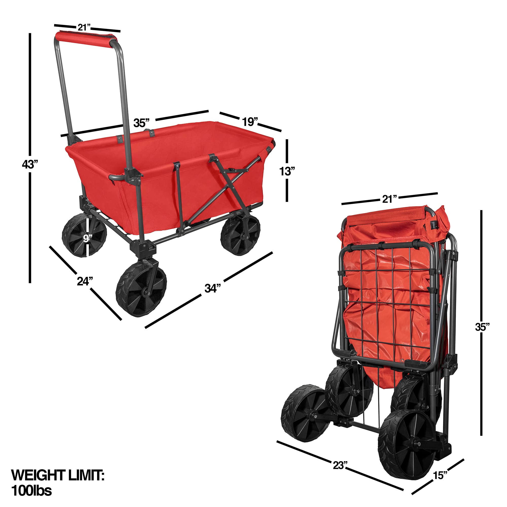 Zenithen Steel Foldable Large Utility Cart with X-Large All-Terrain Wheels - Heavy Duty Folding Wagon for Camping, Beach, Yard Work, Groceries & Outdoor Activities (Red)