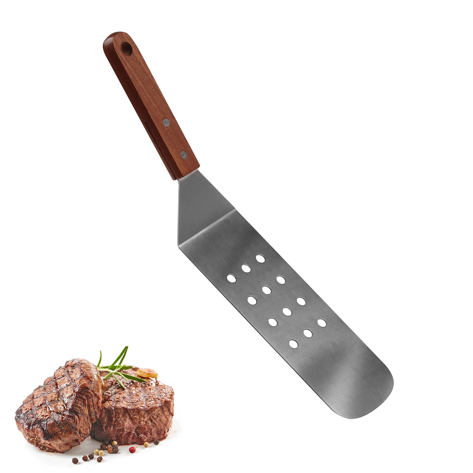 Qinshaine Stainless Steel Griddle Spatula - 14.56 Inch Heavy Duty Hamburger Turner & Scraper for BBQ Grill, Flat Top Griddle & Outdoor Cooking - Perfect for Flipping Burgers, Pancakes & Grilling Steaks