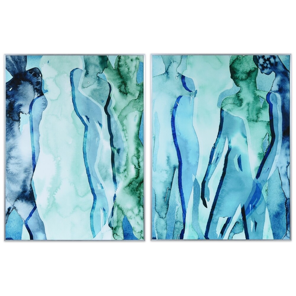 Abstract Blue & Green Silhouette Wall Art - Glass Panel with Silver Anodized Aluminum Frame - Modern Home & Office Decor for Living Room, Bedroom or Workspace