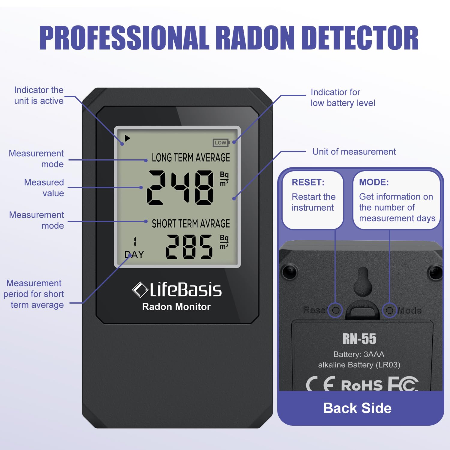 Life Basis Radon Detector for Home - Portable Radon Tester with Large Screen, Long & Short Term Monitoring, Battery Operated (Canadian Version in Bq/m) - Black | Ideal for Basement, Bedroom & Office Air Quality Testing