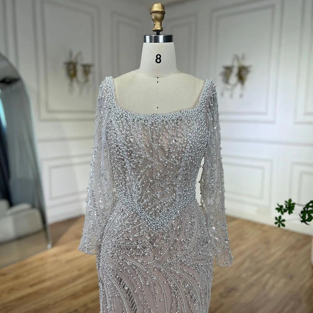 Elegant Muslim White Mermaid Evening Dress with Pearl Beading for Women - Luxury Dubai Wedding & Party Gown - Perfect for Bridal, Formal Events & Special Occasions