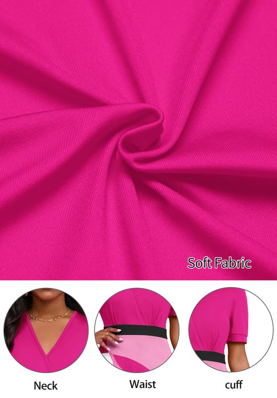 Women's Midi Dresses V-Neck A-Line Swing Dress - Elegant Cocktail, Church & Tea Party Attire - Short Sleeve Flowy Summer Dress for Weddings, Brunch & Office Wear