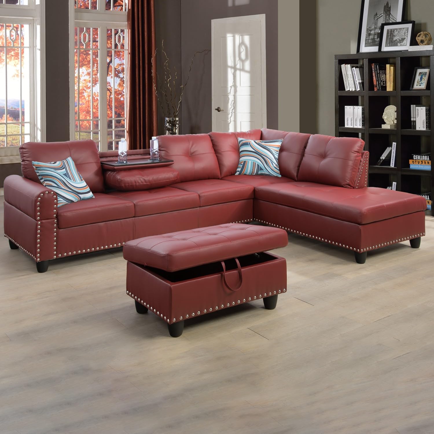 3-Piece L-Shaped Sectional Sofa Set with Storage Ottoman & Chaise Lounge - Faux Leather Modular Couch with Tufted Design, Foldable Console & Cup Holders - Red Living Room Furniture for Small Spaces & Apartments - Perfect for Movie Nights, Family Gatherings & Home Office Lounging