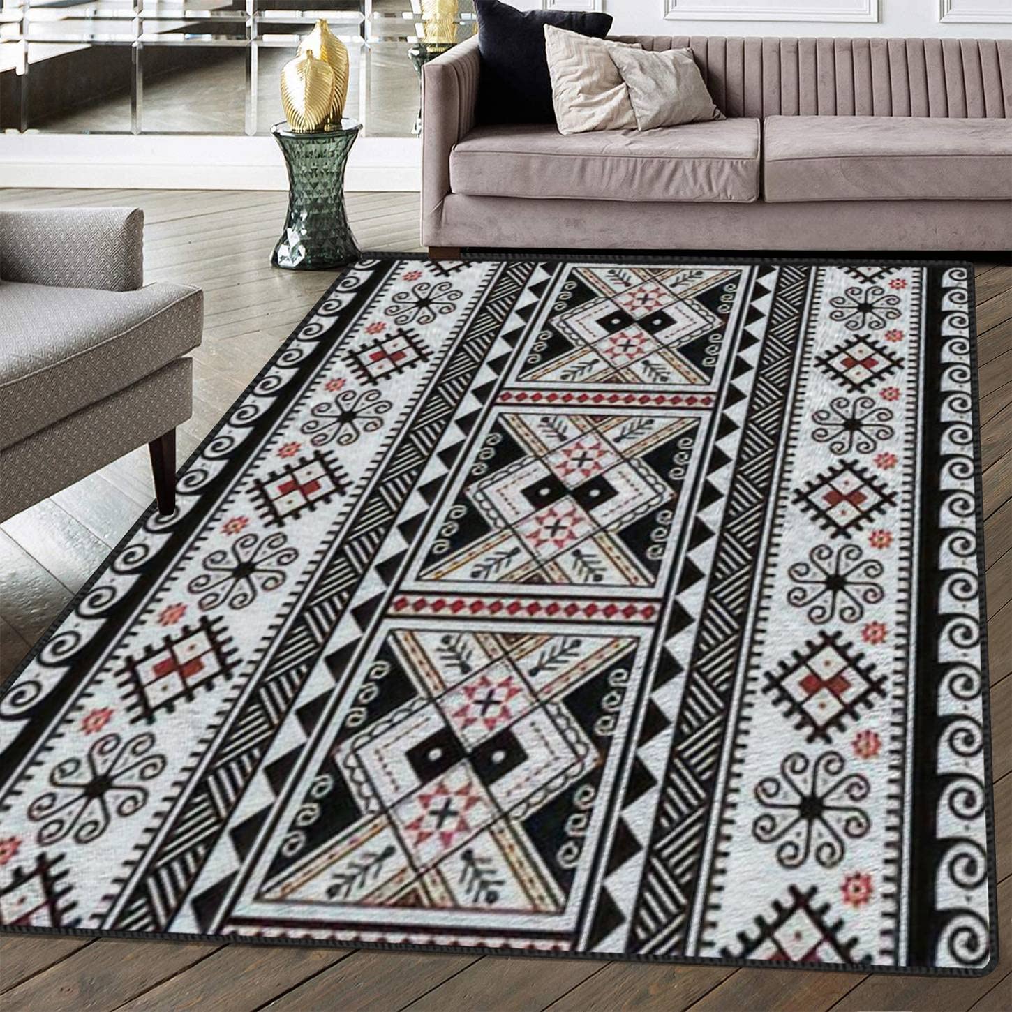 Modern Soft Area Rug with Ukrainian Easter Eggs Hutsul Pisanky Design - 3D Slavic Folk Art Plush Non-Slip Shaggy Carpet for Living Room, Bedroom & Kids Playroom Decor - 5'3
