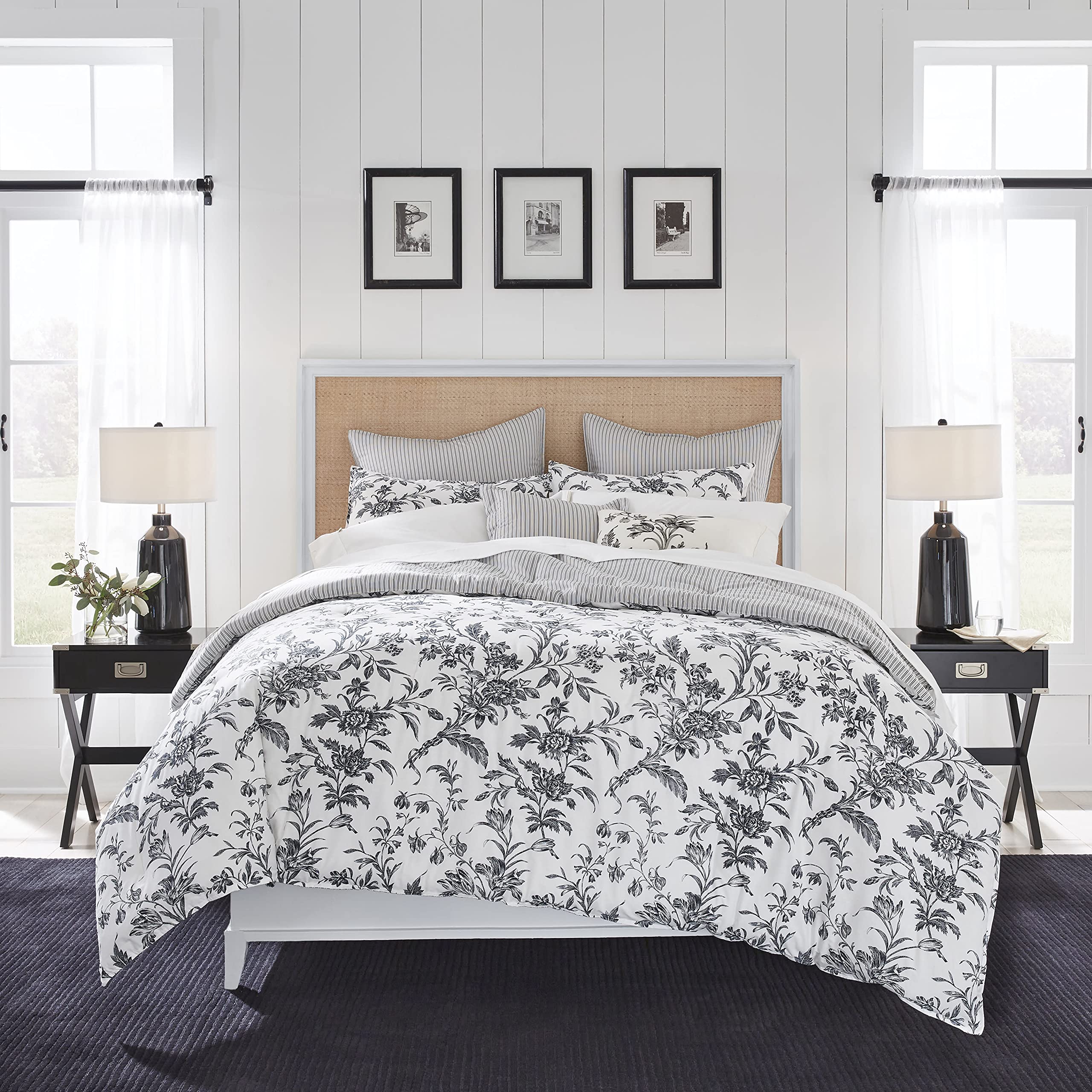 Laura Ashley Twin Comforter Set - Reversible 100% Cotton Bedding with Matching Sham, Euro Sham & Throw Pillows | Amberley Black/White Pattern | Perfect for Guest Rooms, Dorm Rooms & Cozy Bedroom Decor