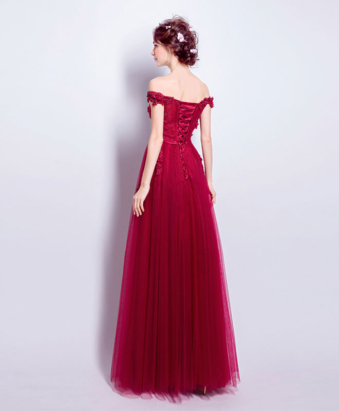 Elegant Burgundy Tulle Lace Applique Long Prom Dress | Burgundy Bridesmaid Gown for Weddings & Formal Events | Perfect for Homecoming, Quinceañera & Evening Parties
