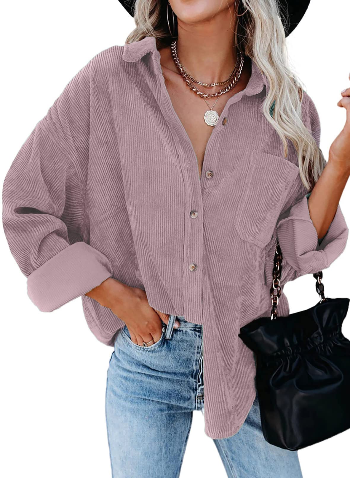 Dokotoo Women's Corduroy Button Down Shirt - Long Sleeve Oversized Boyfriend Blouse for Casual & Work Outfits | Fall Winter Fashion Layering Essential