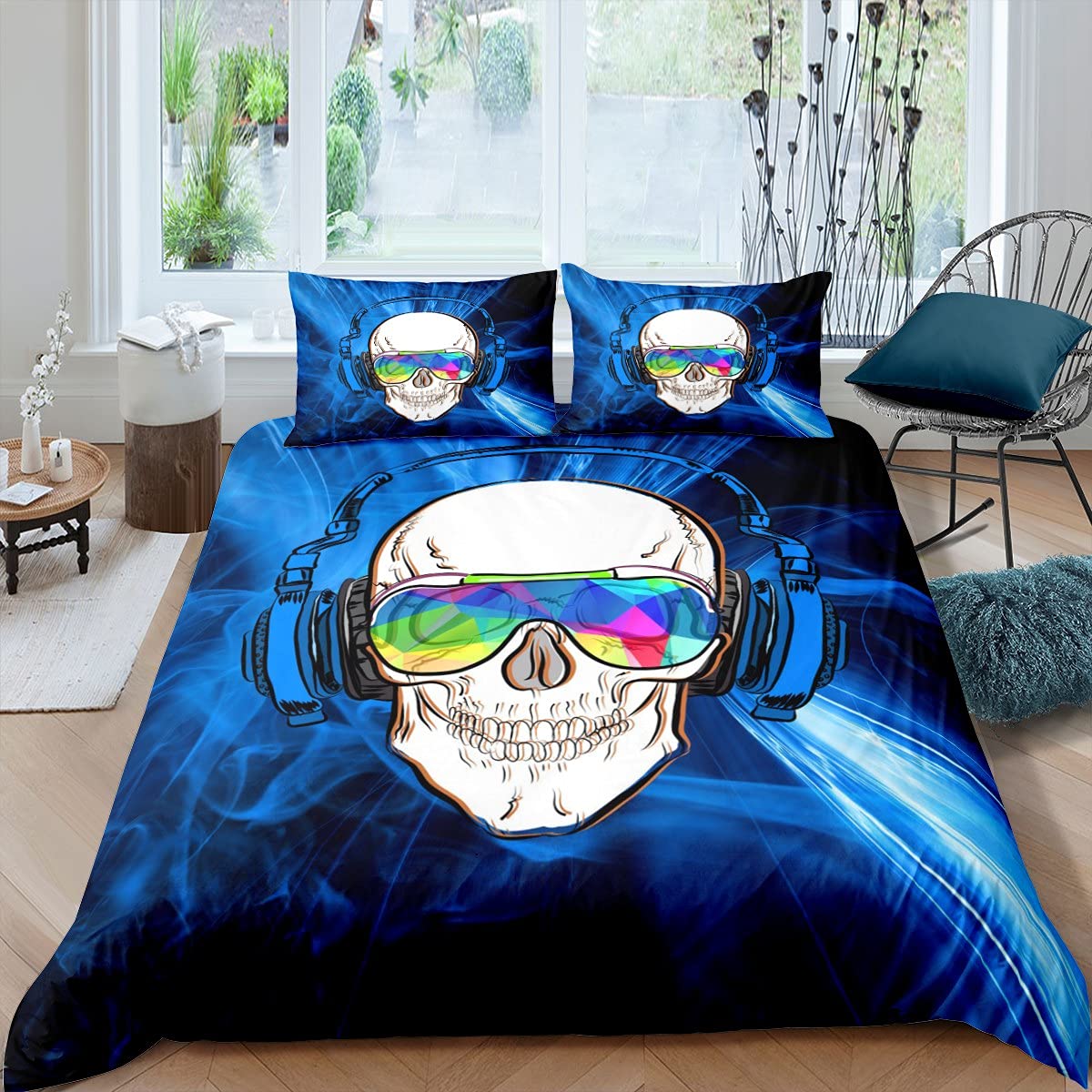 Feelyou Skull Print Duvet Cover Set - Full Size Blue Hip Hop Skeleton Bedding with 2 Pillowcases for Boys, Teens & Young Adults | Music Lover Bedroom Decor, Gothic Style Comforter Cover for Dorm, Apartment & Home Decor