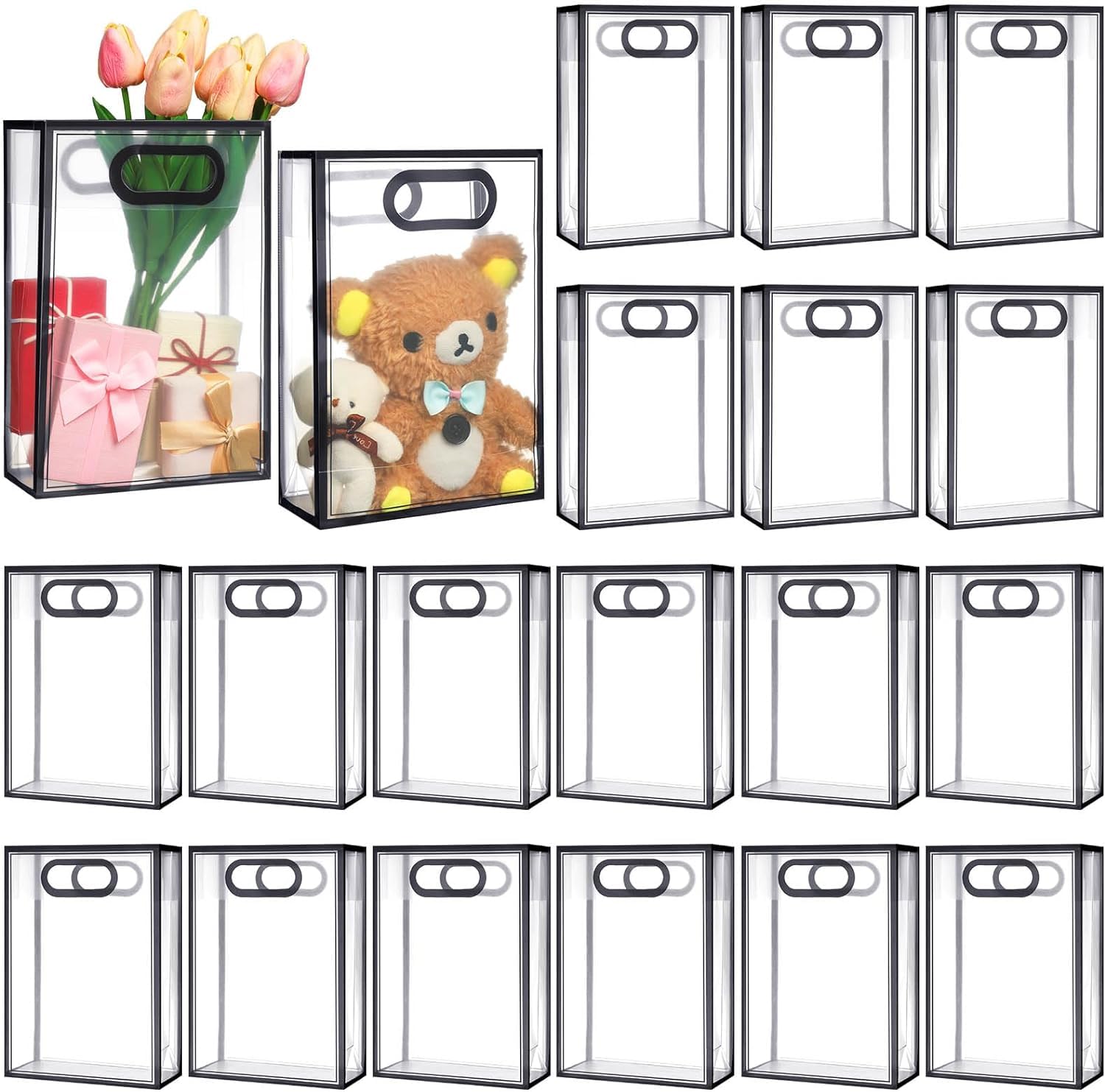 SATYAM KRAFT 6-Piece Clear Plastic Gift Bags with Handles - 18x26x8.5cm Small Black Translucent Goodie Bags for Birthday Parties, Weddings, Shopping, Festivals & Special Events | Perfect for Party Favors, Gift Wrapping & Event Decorations
