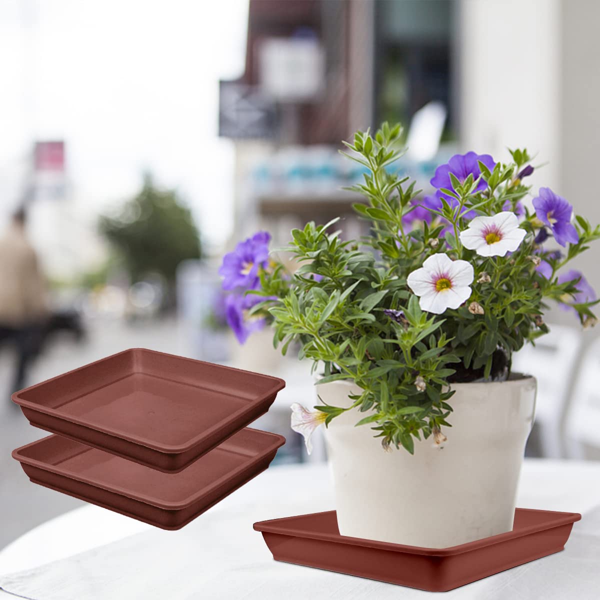 10 Pack 6 Inch Square Plastic Plant Saucers - Heavy Duty Flower Pot Drip Trays for Indoor/Outdoor Potted Plants - Garden Plant Water Catchers & Soil Protectors (Brown) - Perfect for Balcony, Patio & Greenhouses