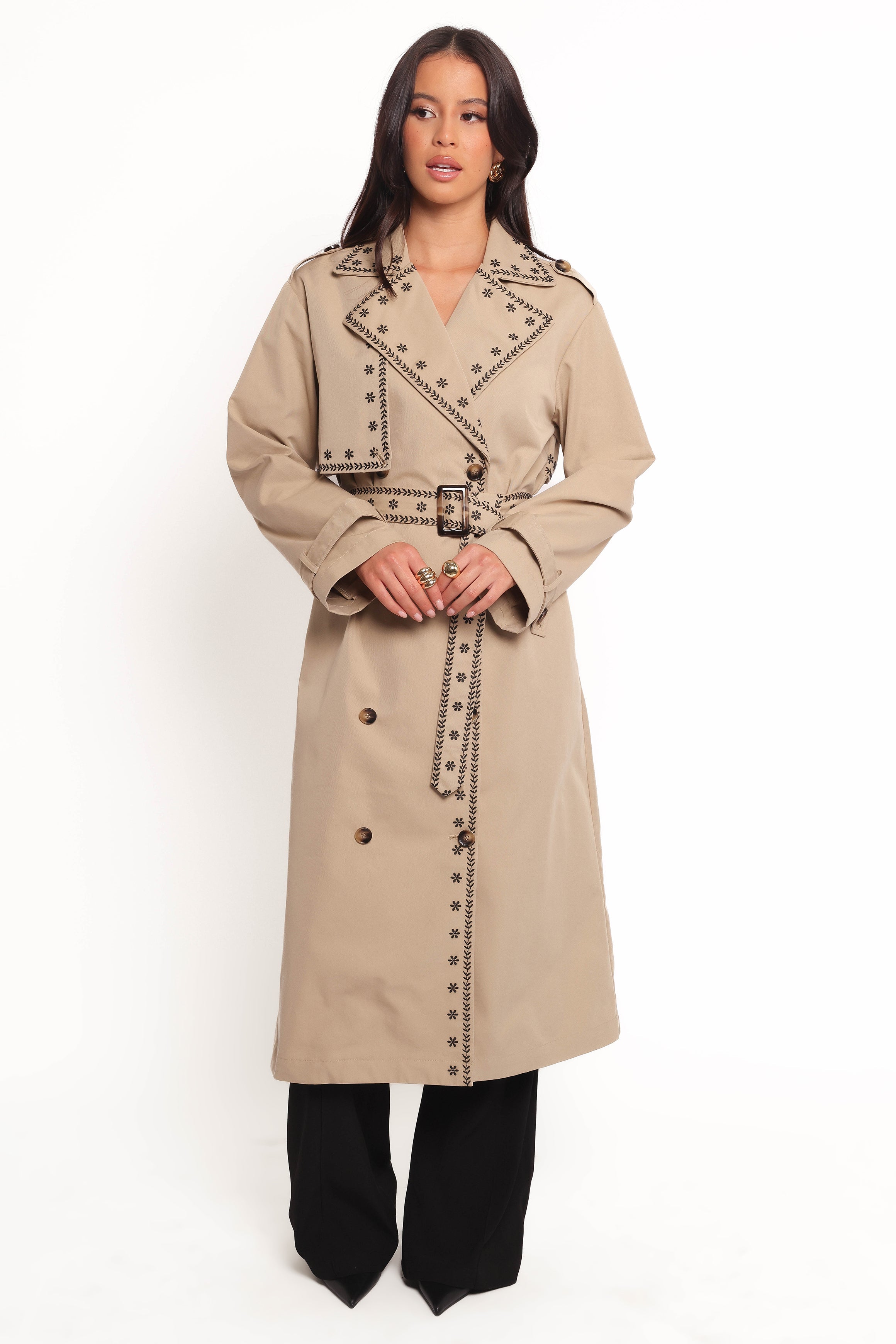 Grayson Embroidered Trim Trench Coat for Women - Classic Taupe Waterproof Long Coat - Perfect for Fall Winter Fashion, Office Wear & Outdoor Activities