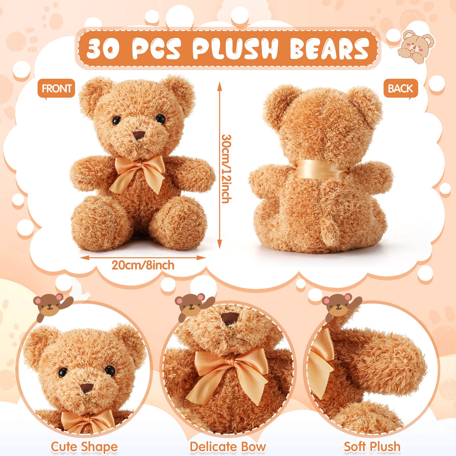 Lenwen 30-Piece Bulk Stuffed Animals - 12 Inch Brown Teddy Bear Plush Toys | Soft & Cuddly Small Plush Bears for Kids, Boys & Girls | Perfect for Baby Showers, Birthday Gifts, Nursery Decor & Playtime Comfort