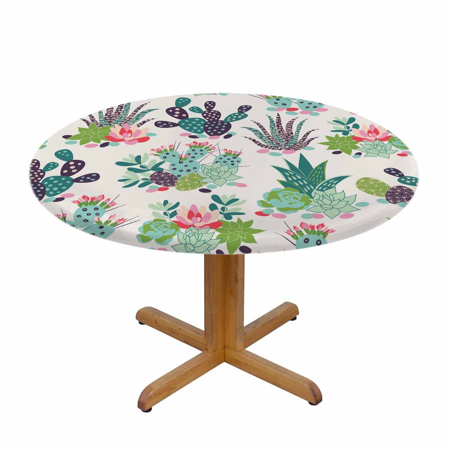 Cute Cartoon Cactus Tablecloth - Colorful Tropical Succulent Round Table Cover for Kitchen & Dining Decor - Washable 58 Inch Trendy Tabletop Decoration | Perfect for Boho Home Decor, Party Table Settings & Outdoor Picnics