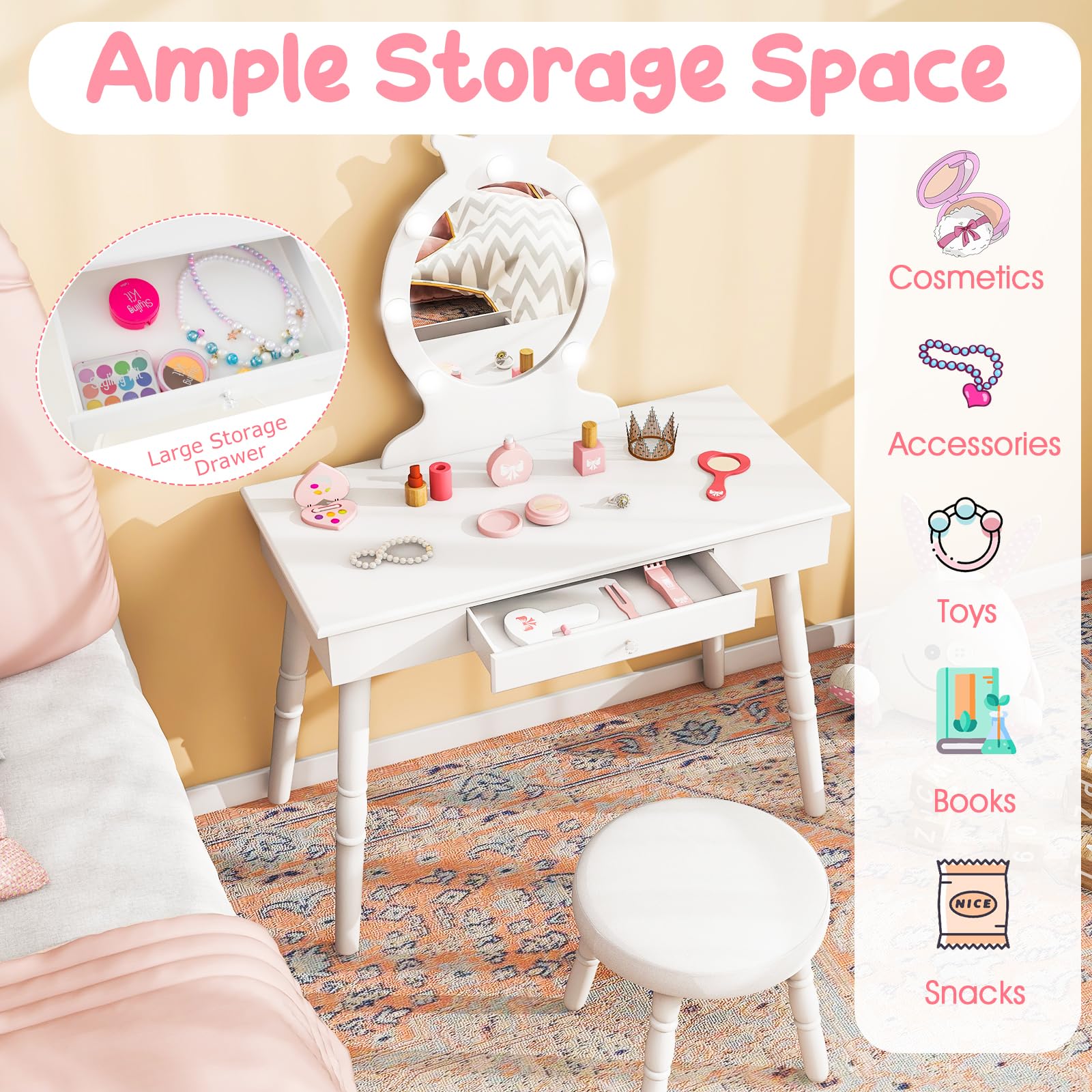 Costzon Kids Vanity Set with Mirror, Stool & LED Lights - 2-in-1 Wooden Makeup Dressing Table with Drawers for Girls - Pretend Play Toy for Toddlers (White) | Perfect for Birthday Gifts & Bedroom Decor