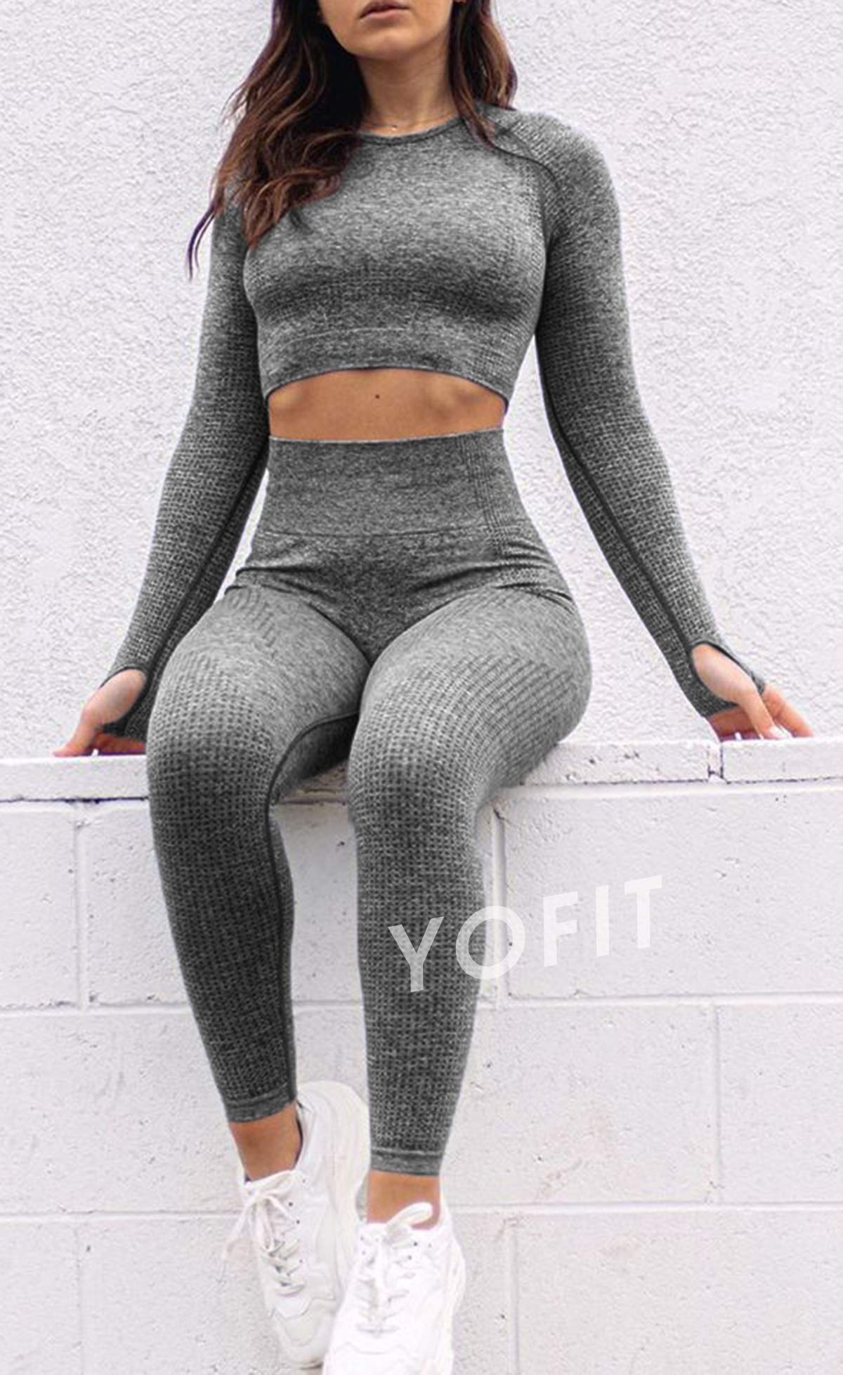 Seamless High Waist Yoga Pants & Long Sleeve Crop Top 2-Piece Workout Set for Women - Perfect for Gym, Yoga & Fitness Training