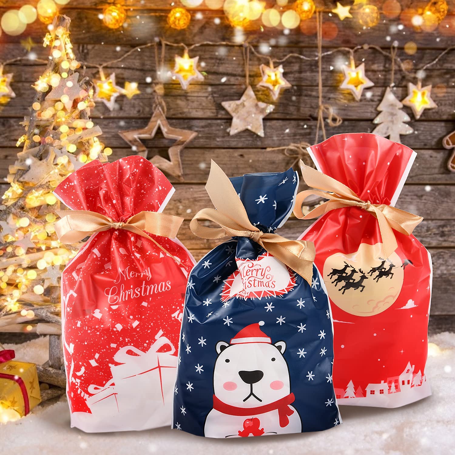 Christmas Treat Bags 50pcs - Drawstring Goodie Bags for Xmas Party Favors & Snacks - Holiday Gift Wrapping & Decorations