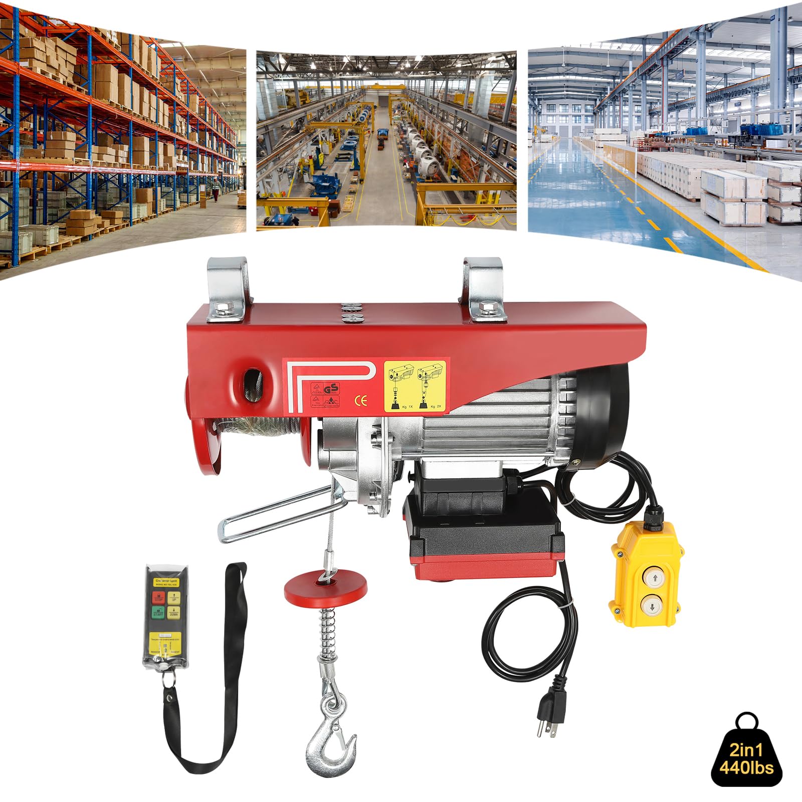 440 LBS Capacity 2-in-1 Wireless Electric Hoist - 510W 110V Steel Lift with Remote Control & Single/Double Slings - Perfect for Factory, Warehouse & Construction Site Lifting Operations