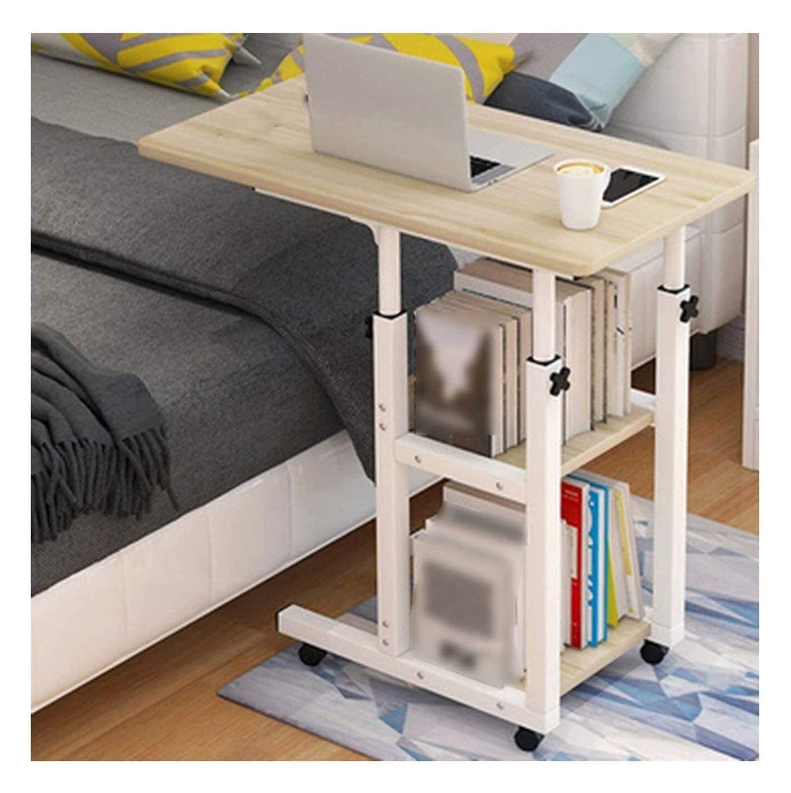 Rotating Mobile End Table with Wheels - Adjustable Height Sofa Side Table, Portable Laptop Desk for Home Office & Bedroom (Maple Cherry Color) - Perfect for Reading, Working, or Snacking in Bed or Living Room