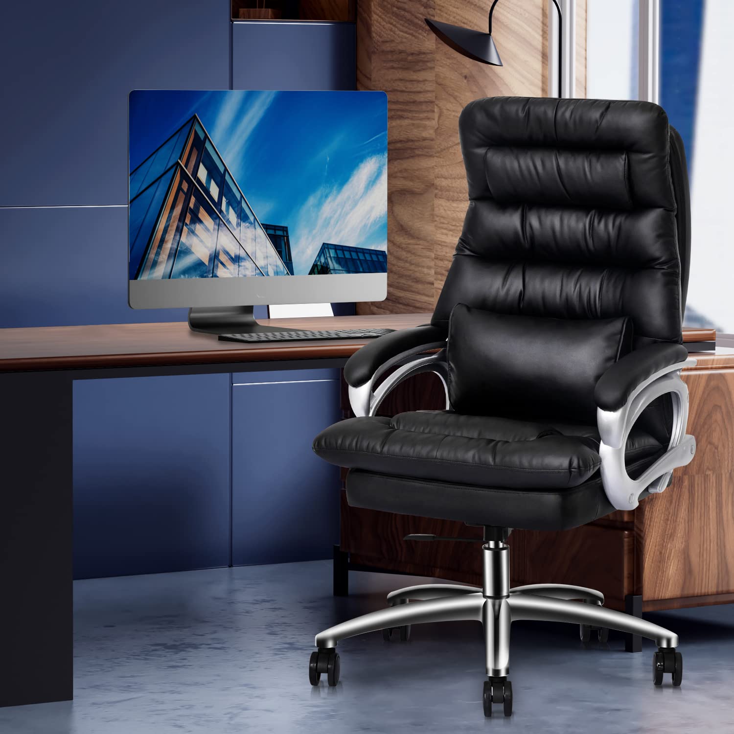 Premium Executive Office Chair with Lumbar Support & Non-Slip PVC Chair Mat - Ergonomic Computer Desk Chair Set for Home & Office Workspaces - Perfect for Long Work Hours, Video Calls, and Professional Environments