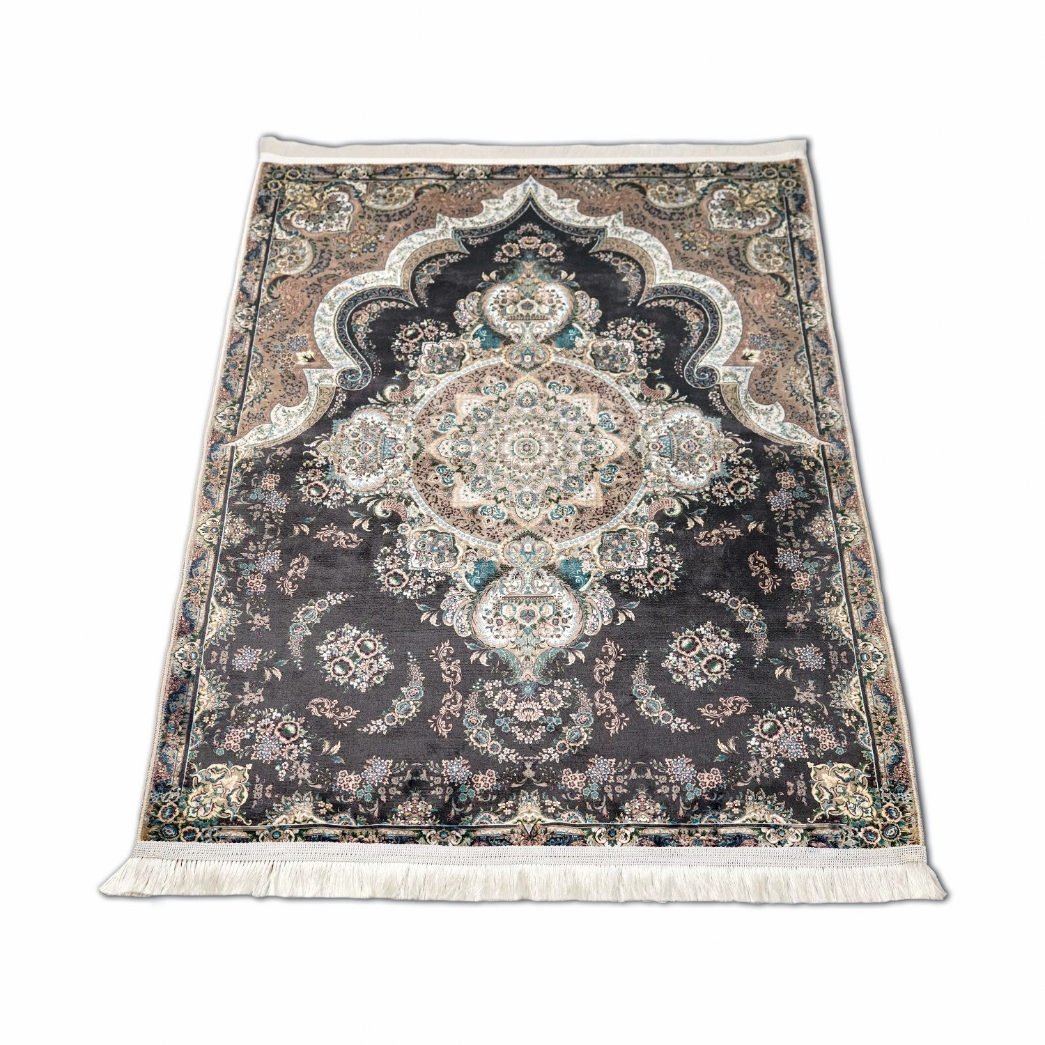 Premium Muslim Prayer Rug - Black & Turquoise Traditional Floral Design Islamic Prayer Mat for Home & Mosque Use