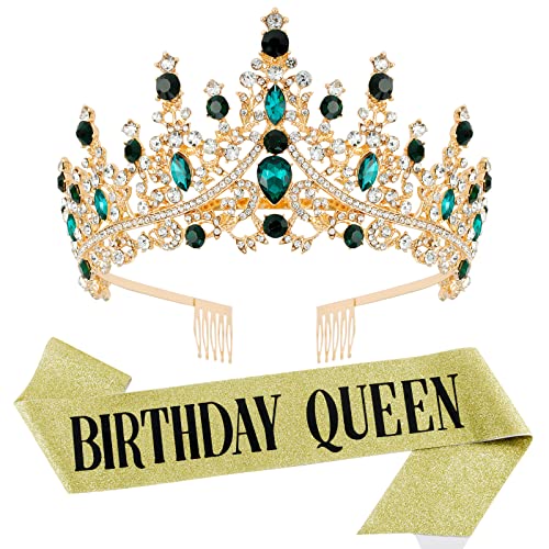 Gold & Green Rhinestone Tiara and Sash Set for Women & Girls - Sparkling Crystal Birthday Crown, Queen Headband & Party Hair Accessories - Perfect for Princess Dress Up, Birthday Parties, Pageants & Special Occasions
