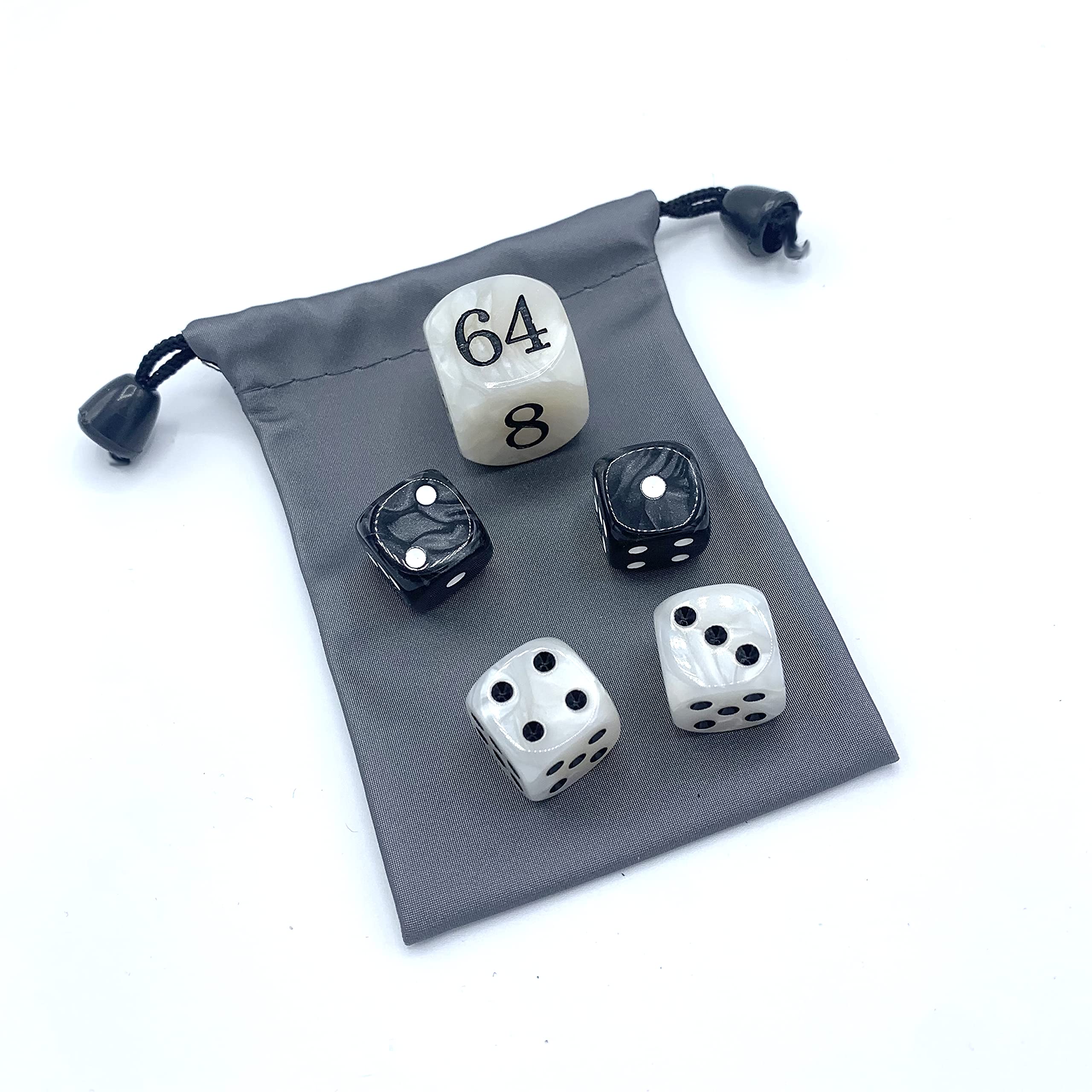 Luck Lab Backgammon Pearl Dice Set - 22mm Doubling Cube & Four 16mm Dice with Bonus Storage Bag, Black/White Marbleized - Premium Game Accessories for Backgammon, Board Games, Casino Night & Gifts