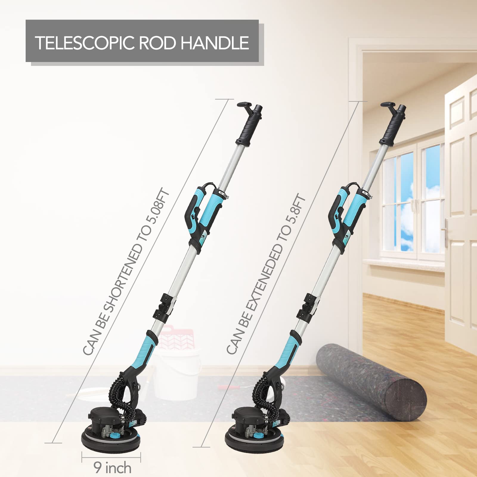 750W Electric Drywall Sander with Vacuum Attachment - Telescopic Foldable Pole Sander, 7-Speed Adjustable for Ceiling & Wall Sanding, Popcorn Texture Removal Tool with LED Light - Perfect for Home Renovation, Drywall Repair and Professional Construction Projects