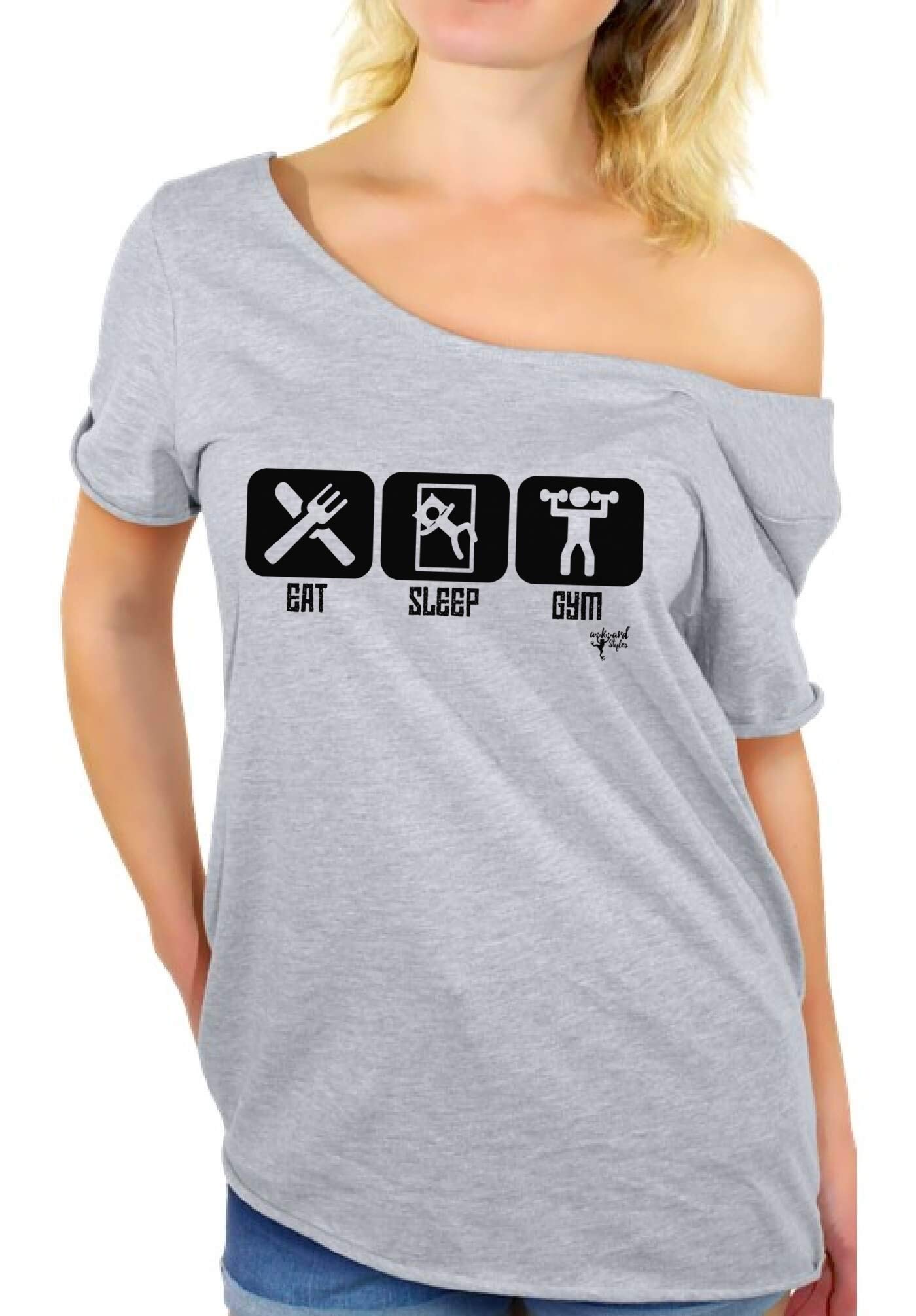 Eat Sleep Gym Off Shoulder Workout T-Shirt for Women - Black | Gym & Fitness Apparel | Perfect for Yoga, Running & Gym Sessions