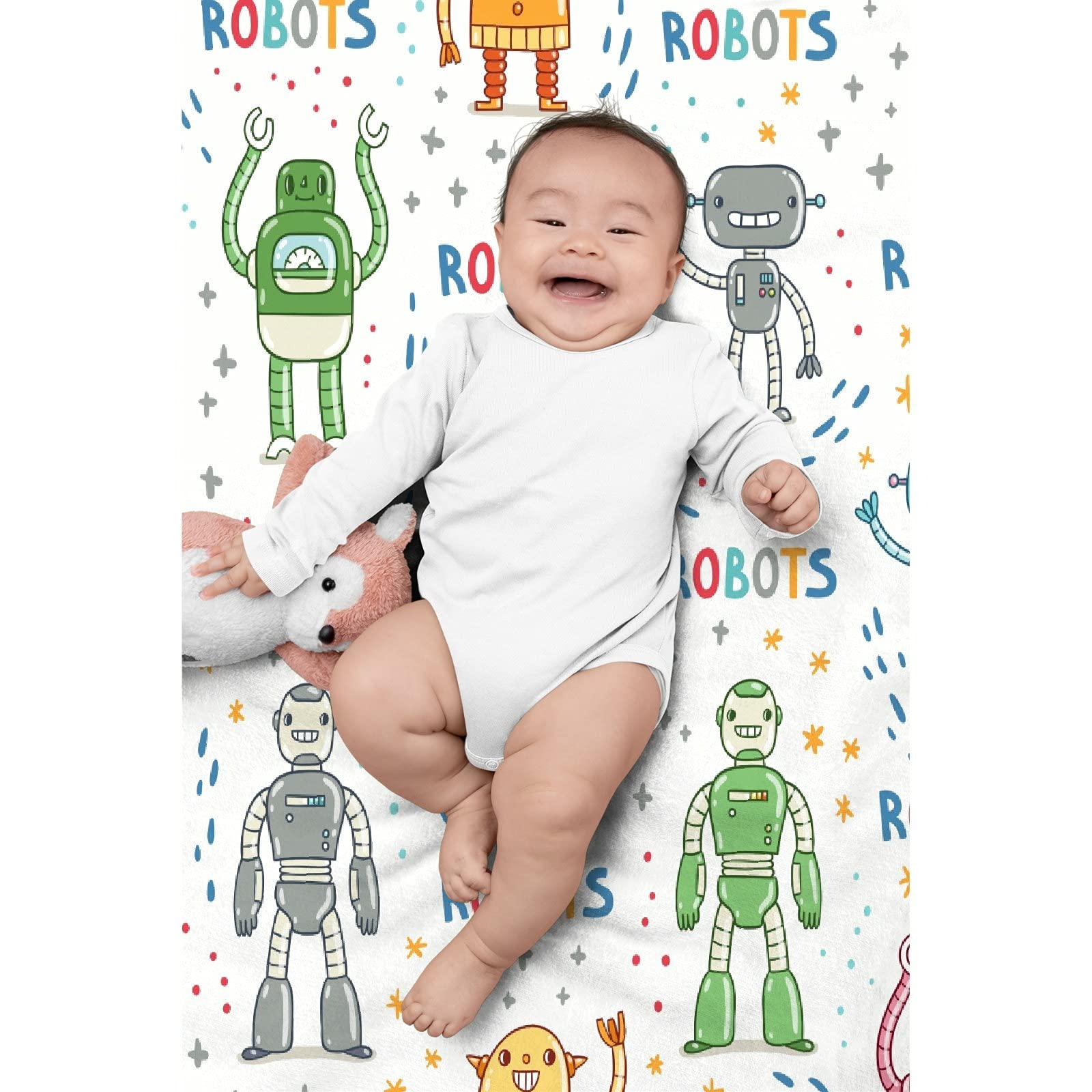 Colorful Cartoon Robots Flannel Blanket - Ultra Soft & Warm 120x90 Inch - Cozy Shaggy Lightweight Throw for Bed, Couch, Sofa - Perfect for Family Movie Nights & Winter Snuggles