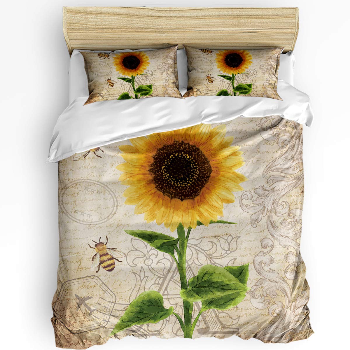 3-Piece Queen Size Sunflower & Bee Vintage Floral Bedding Set | Duvet Cover with Zipper Closure | Soft Comforter Set for Kids, Teens & Adults | Perfect for Spring Decor & Cozy Bedroom Makeover
