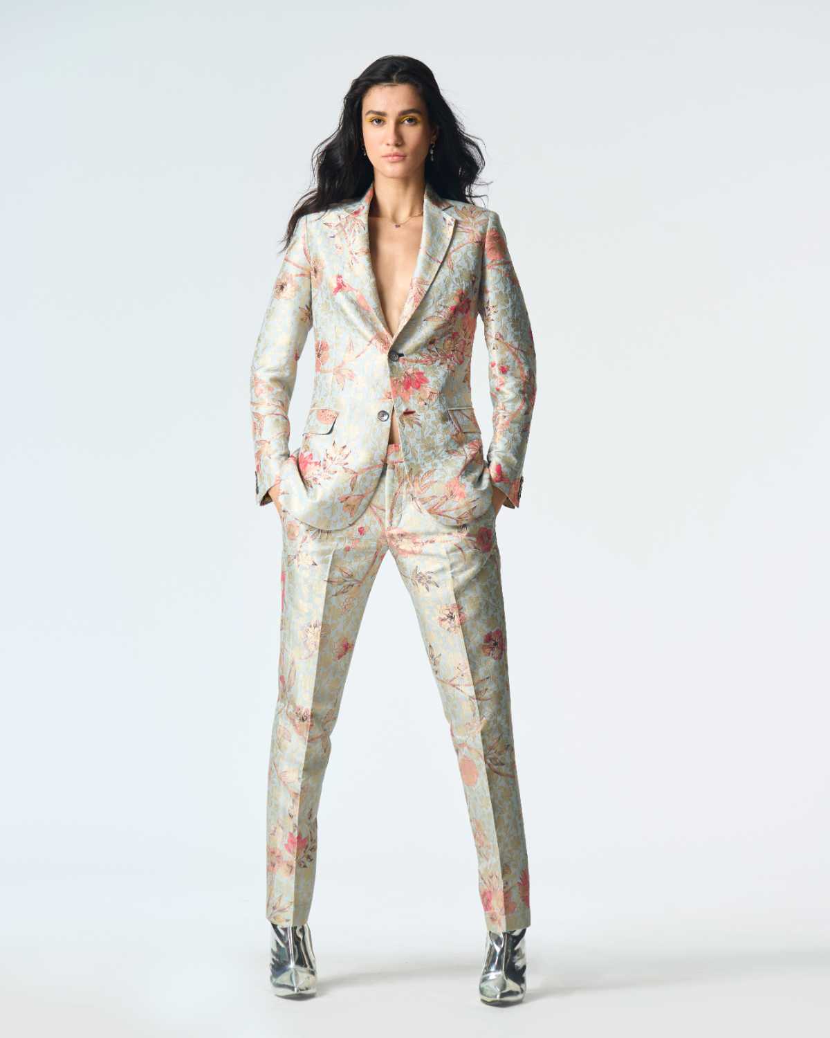 Elegant Rana Blazer in Silk Brocade - Ice Blue Color for Women | Perfect for Office Wear, Cocktail Parties & Formal Events