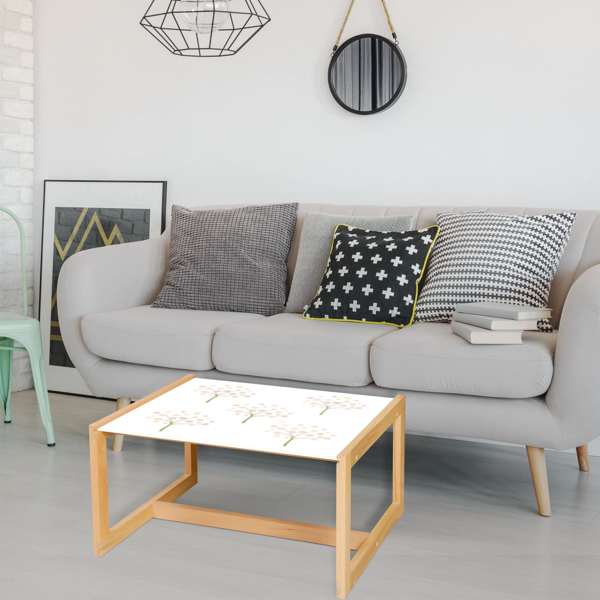 Ambesonne Pastel Coffee Table - Abstract Tree Design with Irregular Rounds, Acrylic Glass Top & Wooden Frame - Modern Center Table for Living Room, Office, Dorm - Large Size in Pale Olive Green - Perfect for Home Decor, Small Spaces & Gift Giving