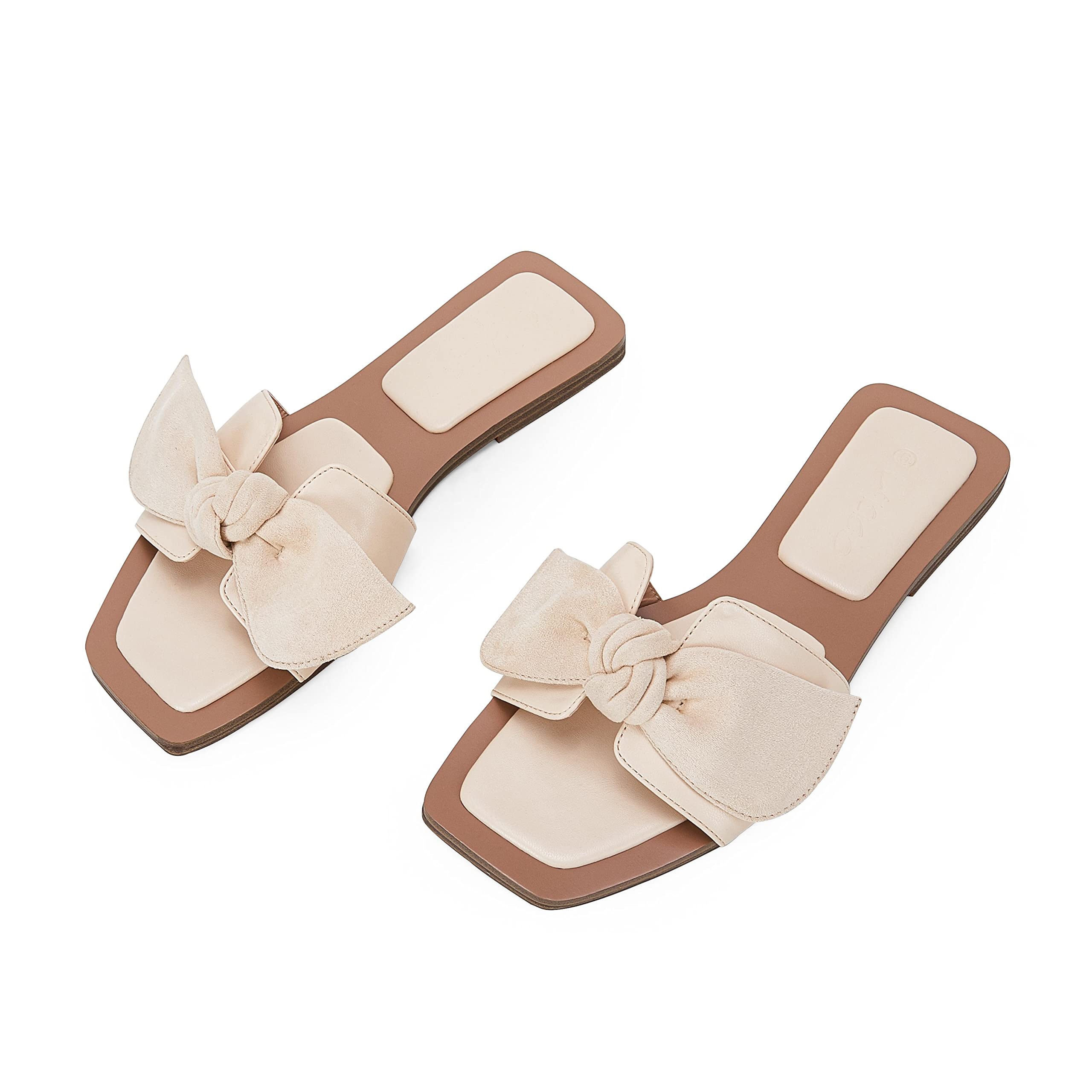 LAICIGO Women's Square Toe Slide Sandals - Bow Knot Slip On Backless Faux Suede Summer Flat Sandals | Comfortable Casual Beach Shoes for Walking, Vacation & Outdoor Activities